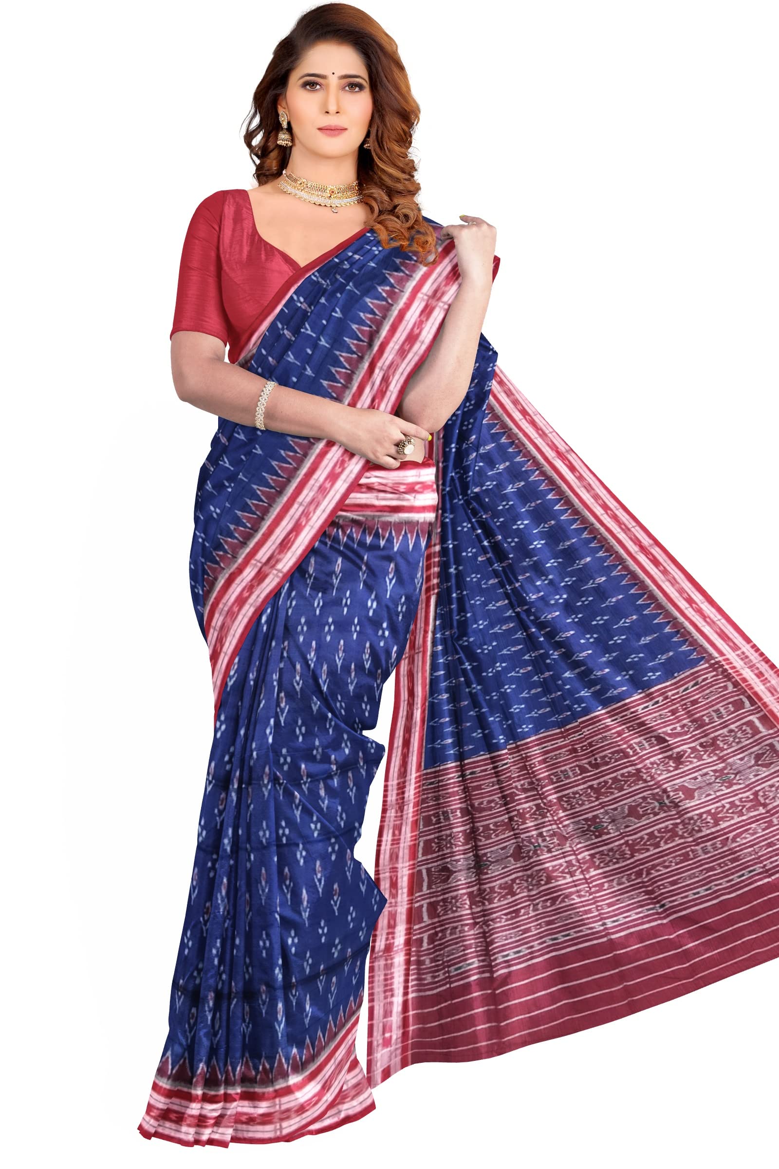 FLOWRINA Odisha Sambalpuri Handloom Ikat Women's Cotton Saree, Odisha Handloom Handmade Pure Cotton Khandua Saree, Ikkat Orissa Traditional Handloom Saree Without Blouse (Blue, FLOW 249)