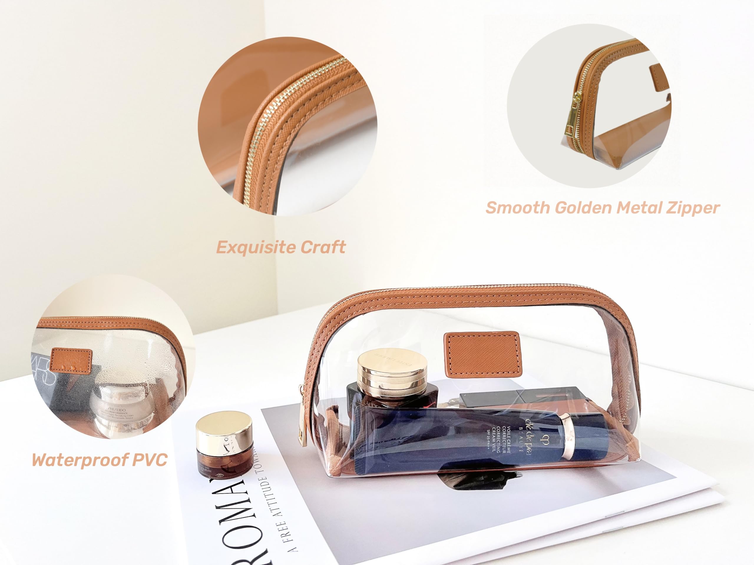 CONLINGDA clear makeup bag,leather makeup case,travel toiletry bag,portable cosmetic bag,transparent waterproof cosmetic organizer storage bag (Brown, Small)
