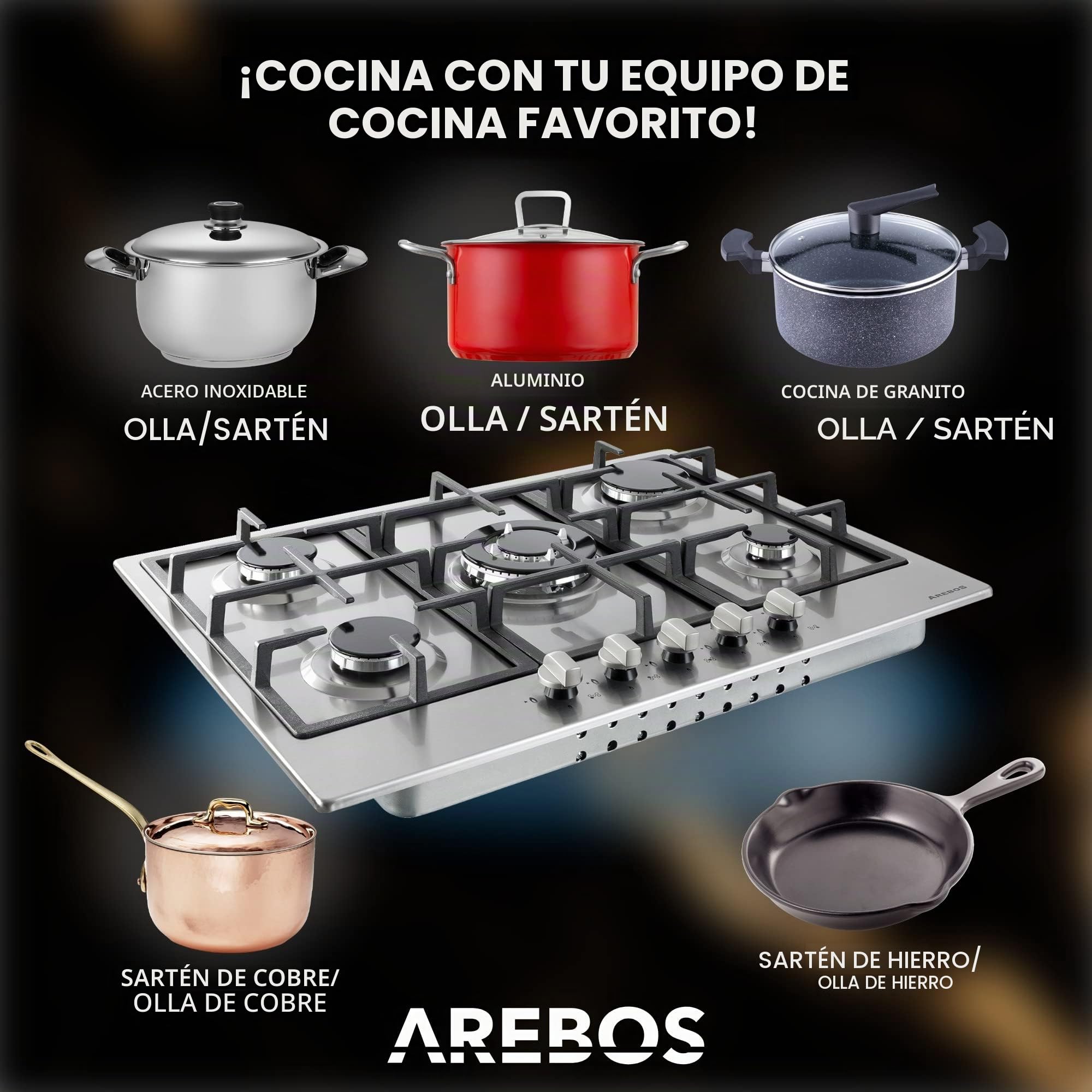 Arebos Placa de Cocina de Gas con 5 fogones | Acero inoxidable | Incluye rejilla y piloto de seguridad | Autosuficiente| Encimera Apta para gas natural y propano