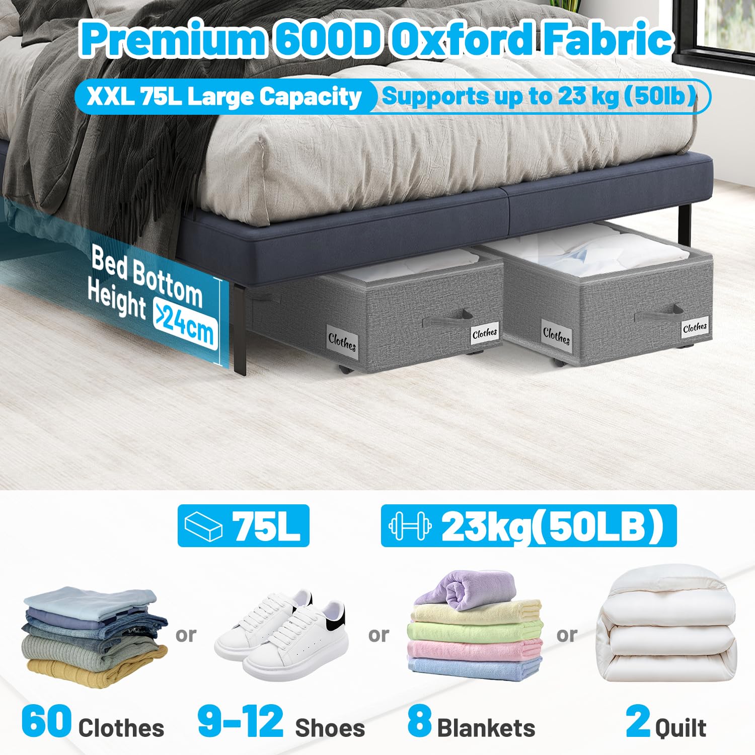Kukikan Contenitore sotto il letto su ruote, confezione da 2 pezzi, 24 cm, XXL, 60 l, borsa portaoggetti con cerniera, facile da montare, con coperchio ed etichetta, cassetti sotto il letto per