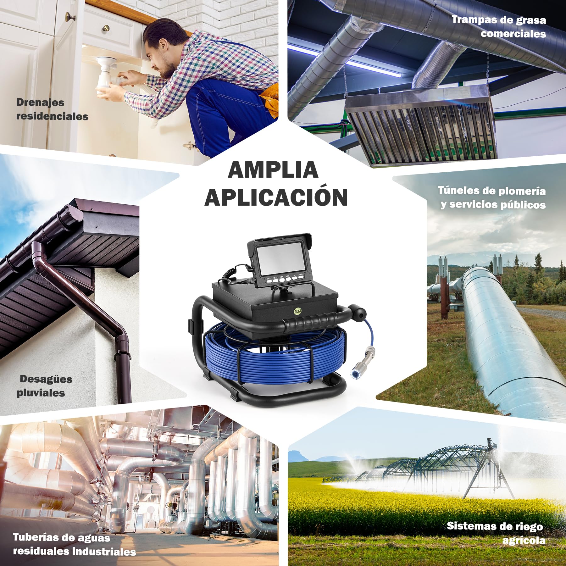 ZELCAN 4,3 Pulgadas Cámara de Alcantarillado, Cámara de Inspección de Alcantarillado con Cable de 30 m y Marcadores de Longitud, Cámara Impermeable para Tuberías