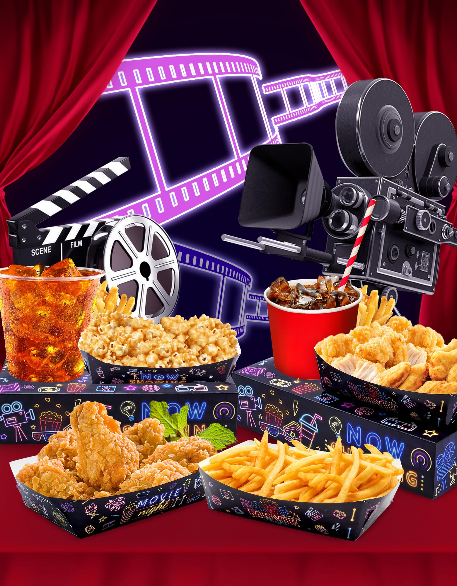 48-Piece Movie Night Party Supplies - 24 Snack Boxes & 24 Food Trays, Disposable Paper Holders For Family Gatherings