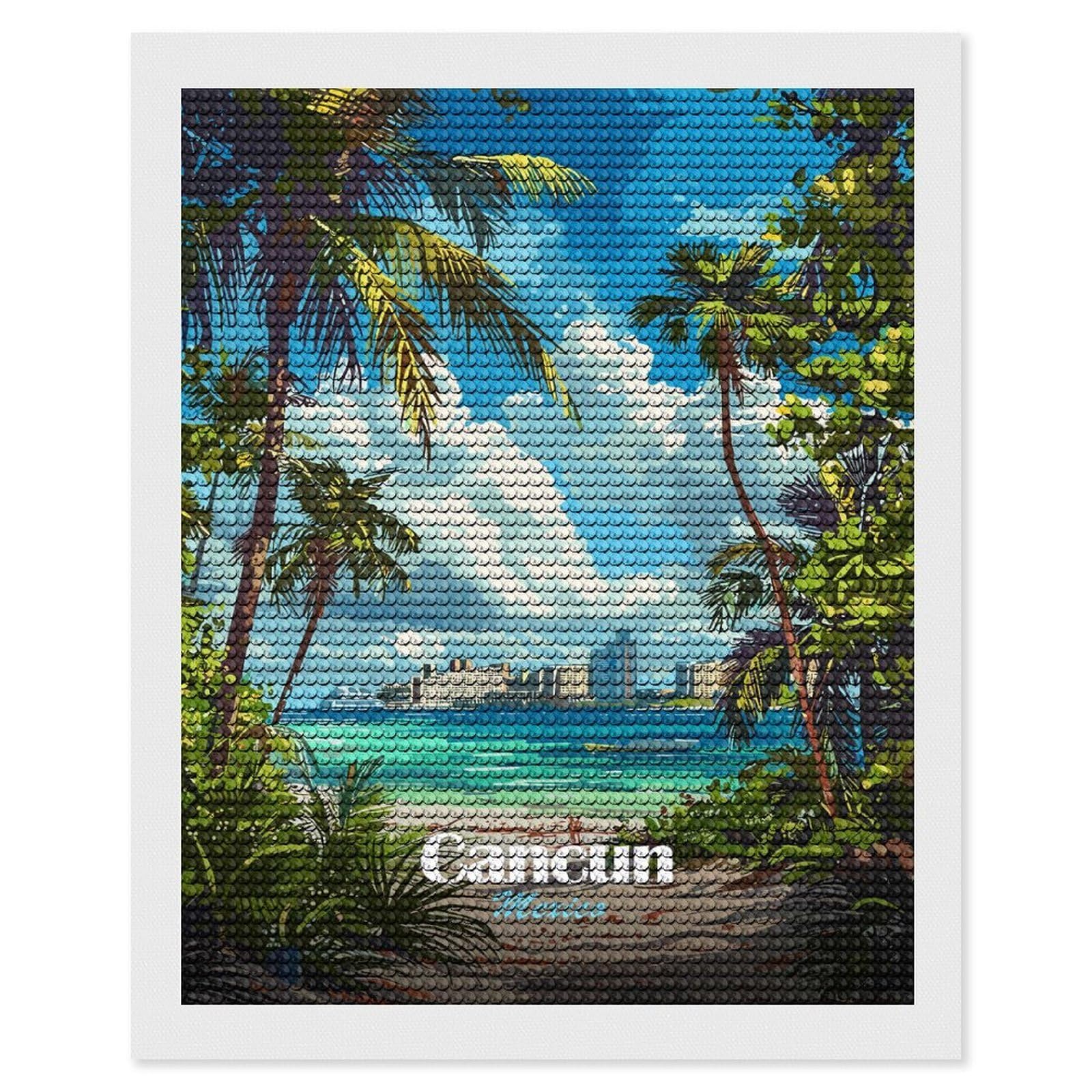 Junmoney Cancun Mexico Tropical Beach Illustration Diamond Painting Set 16"x20", for Beginners, Modern Decor, Simple to Start, Gift Idea, Pleasing Wall Art Project