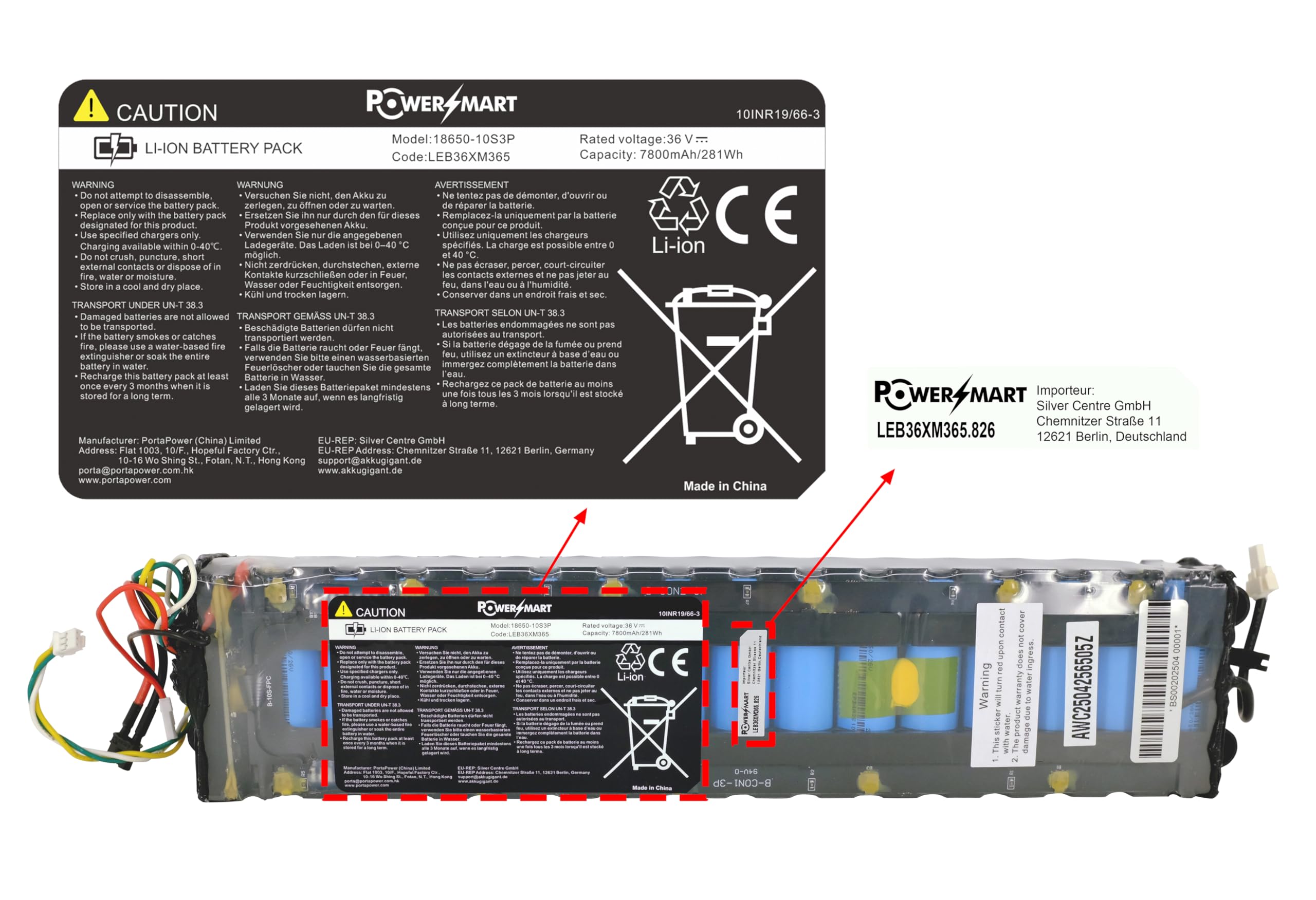 PowerSmart Batería de Litio 36V 7800mAh para Xiaomi 1S, M365, Mi3