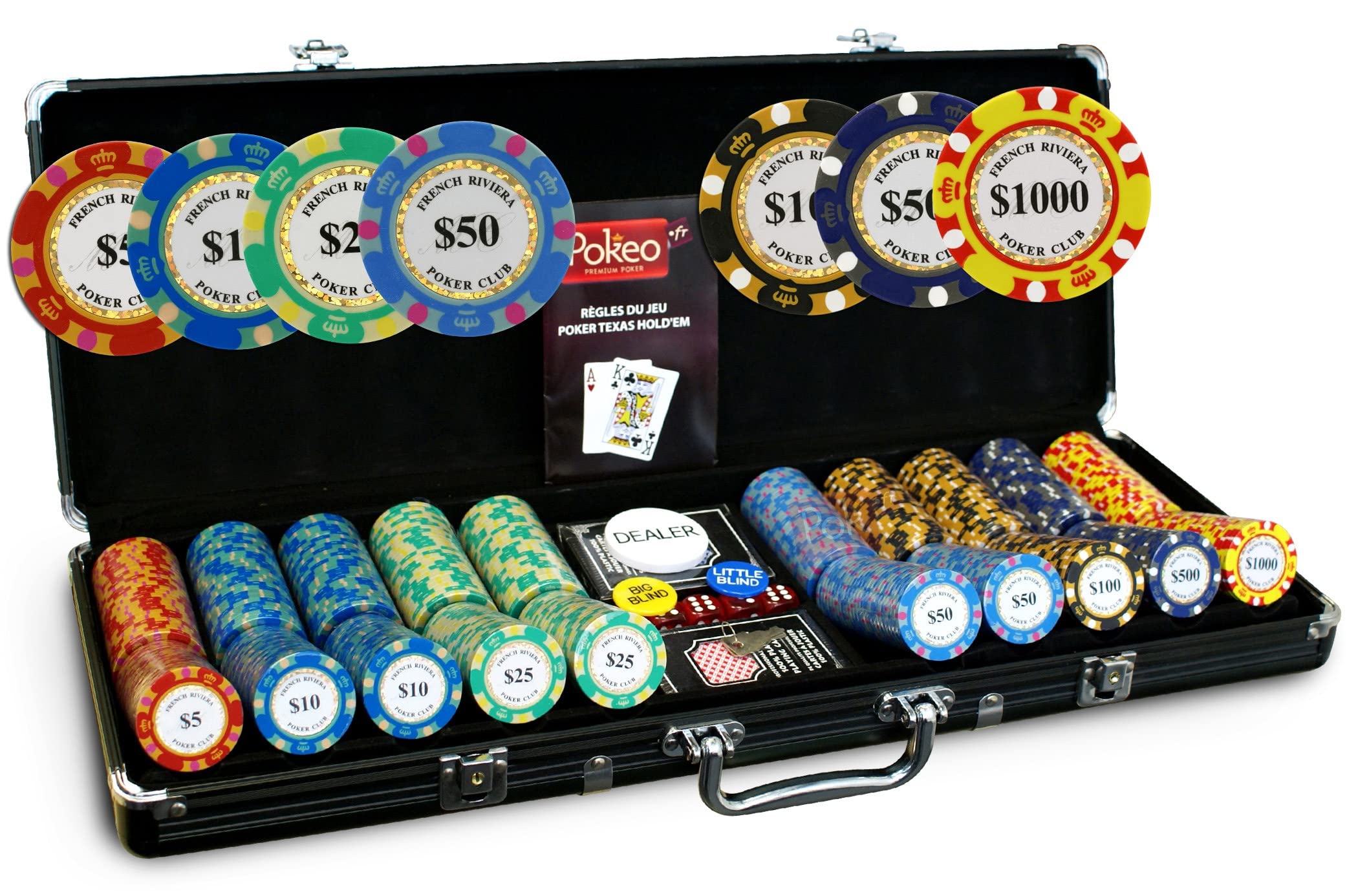FRENCH RIVIERA Malette Poker 500 Jetons Gold + 2 Jeux de Cartes + Bouton Dealer - Poker Set de 500 Jeton de Poker (avec Valeur) - Jeu de Poker avec 500 jetons de Poker - Mallette Poker