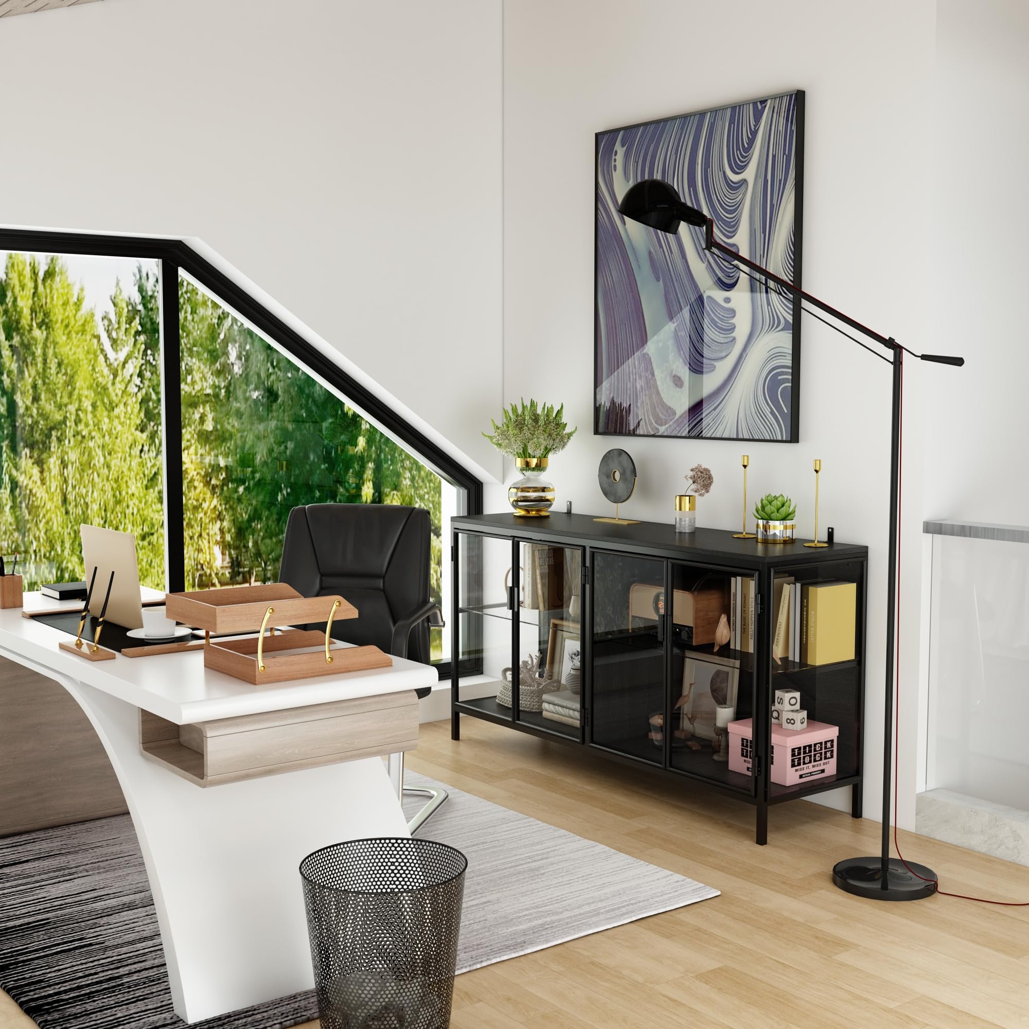 Vetrina credenza in vetro, credenza in vetro a 2 ante con telaio in ferro, vetrina in vetro con strisce luminose a 3 colori, 40 x 140 x 75 cm, nero