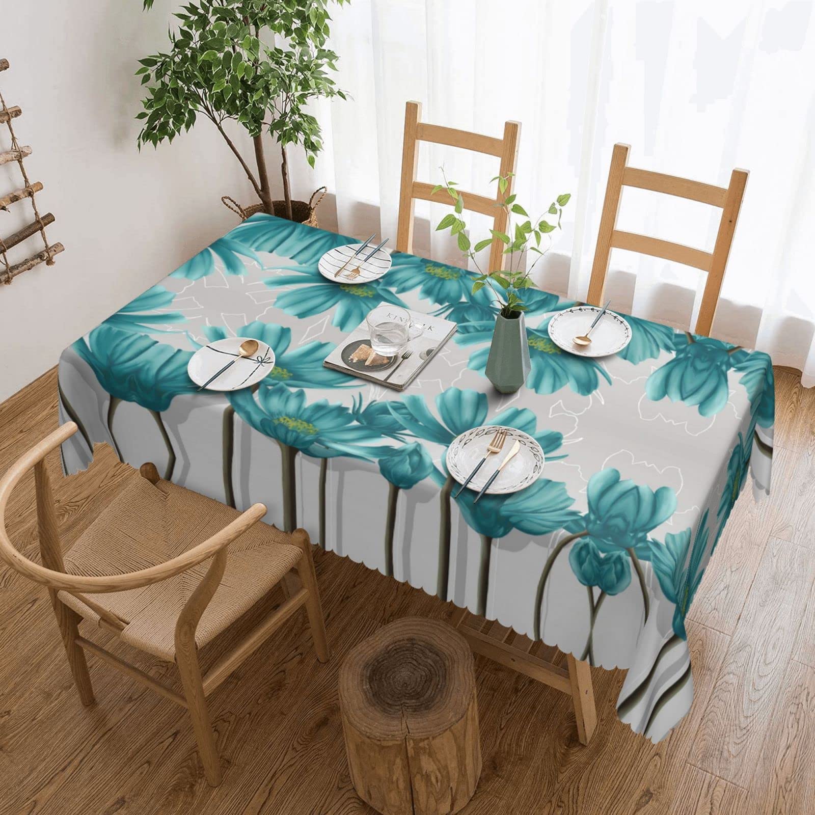 Nappe en polyester bleu sarcelle haut de gamme motif floral 137 x 183 cm
