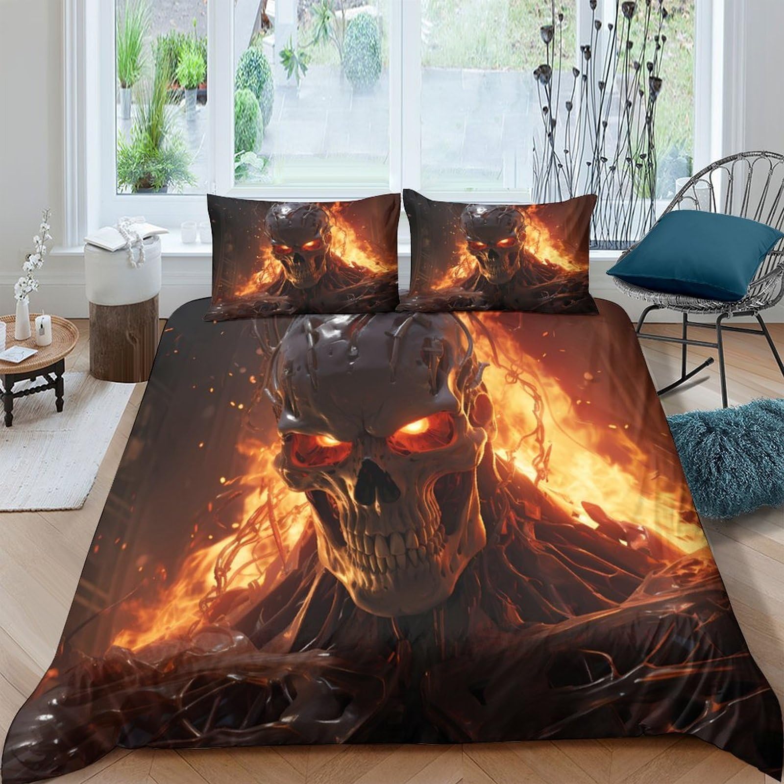 Ctjqhvkz Style-10 3D Printed Flaming Skull Fitted Sheet Microfiber Soft Breathable Fire Demon Bed Cover For Bedroom Dorm Decor Mattress Protection Single（135X200cm）