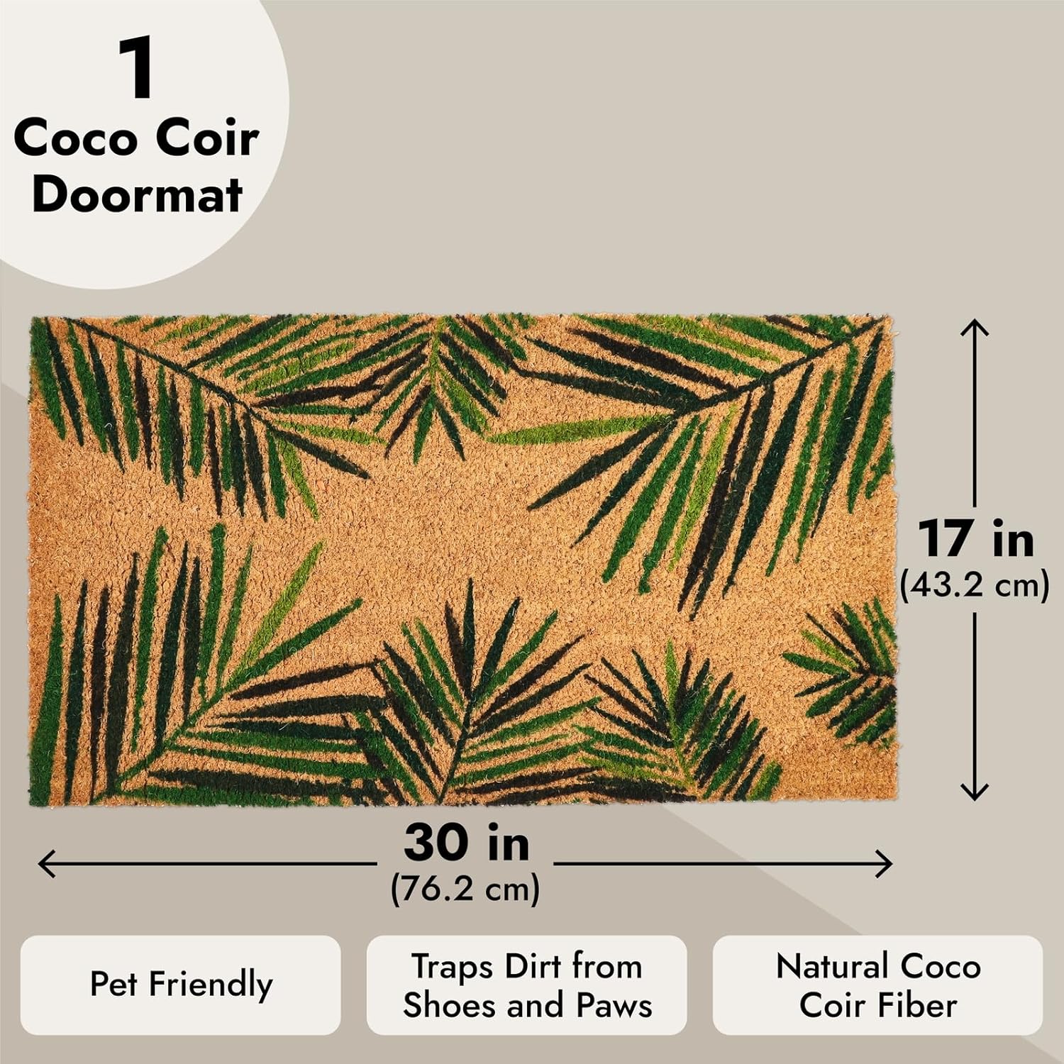 Juvale Door Mat - 30 x 17 in, Brown, Tropical Style - Outdoor Coir Doormat for Front Door - Dirt-Scraping Welcome Mat