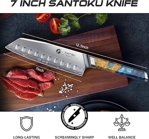 Miniatura 5 de FINTISO Santoku - Cuchillo de cocina de 7 pulgadas, núcleo de acero en polvo S35VN para carnes y verduras, cuchillo de chef japonés de acero