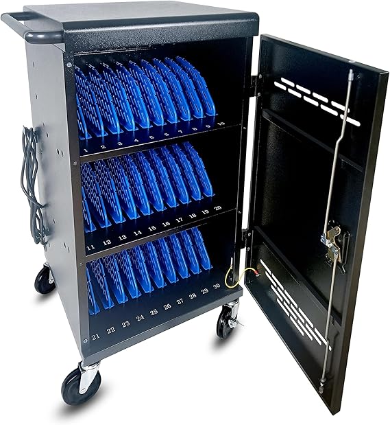 POCHAR 30 Unit Device Charging Station for Chromebook, iPad, 14'' Laptop - Charging Cart with Charger Cable Management, Circuit Breaker, Grounding Protection, Assembly Required
