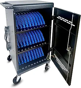 POCHAR 30 Unit Device Charging Station for Chromebook, iPad, 14'' Laptop - Charging Cart with Charger Cable Management, Circuit Breaker, Grounding Protection, Assembly Required