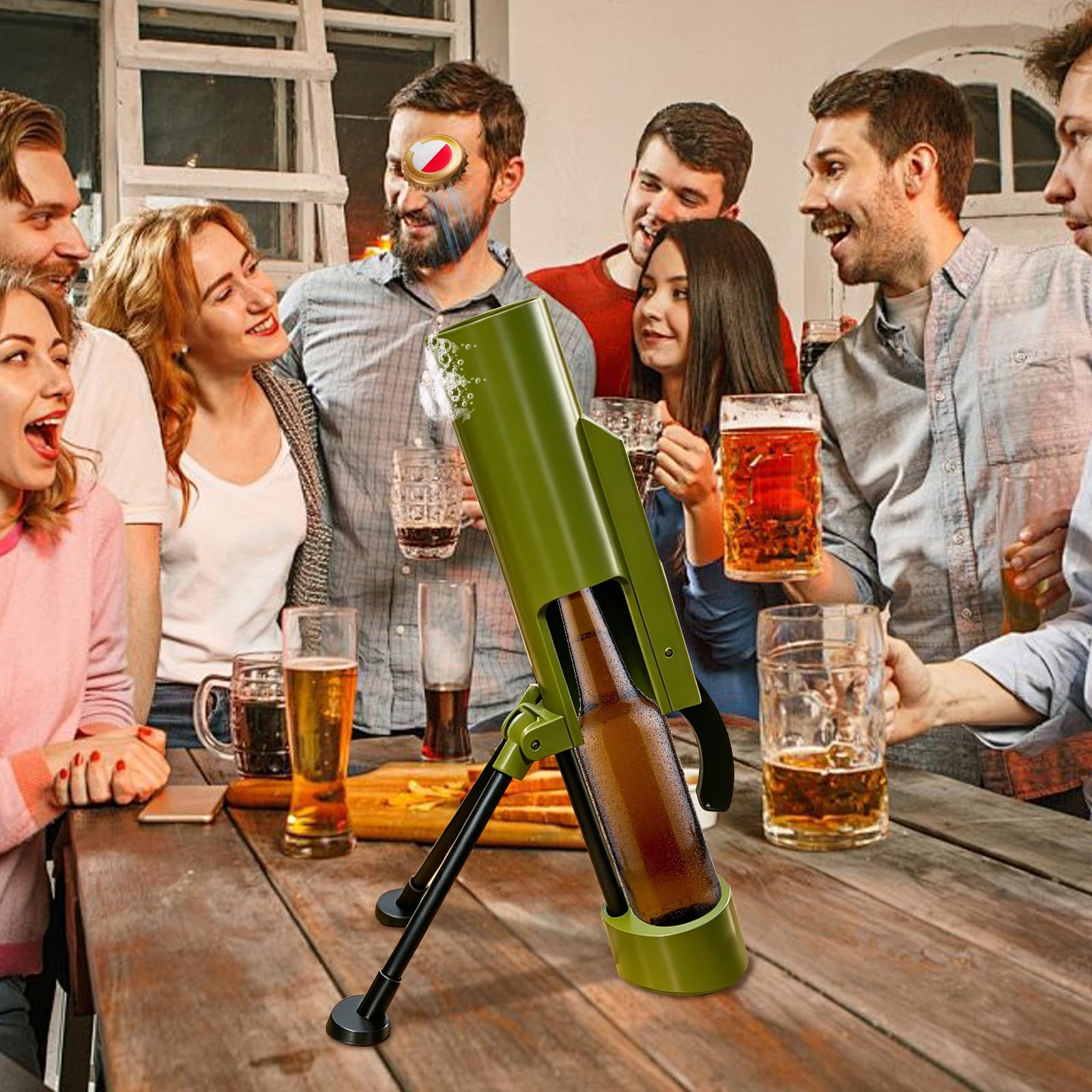 Mortaio apribottiglie da 6 cm, mortaio per birra per bottiglie da 0,33L–0,5L, cannone apribottiglie con lanciatore di tappi a corona