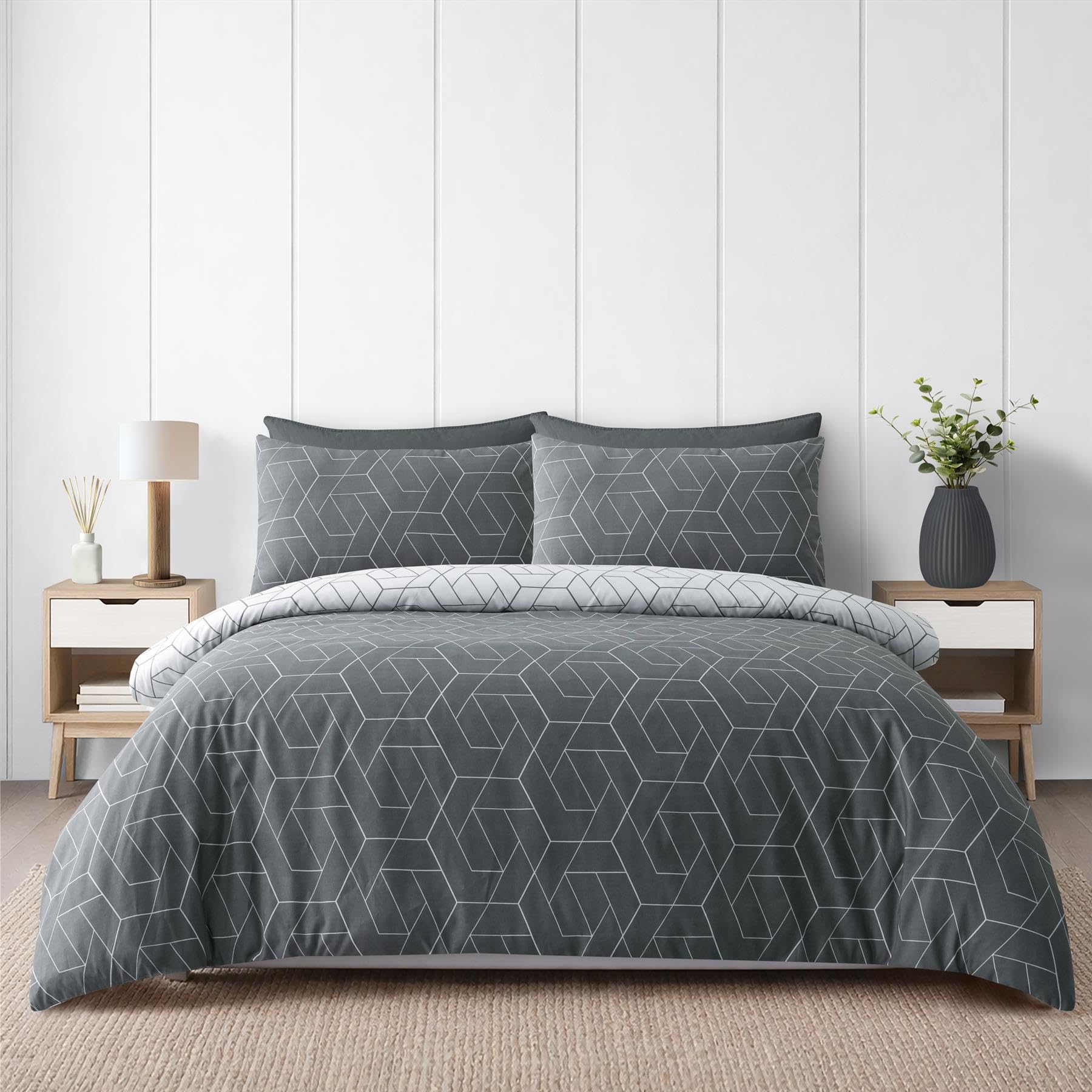Adore Home Charcoal Geometric Single Duvet Cover Set Charcoal Grey & White Geometric Reversible Microfibre Bedding Soft Warm Includes Pillowcase