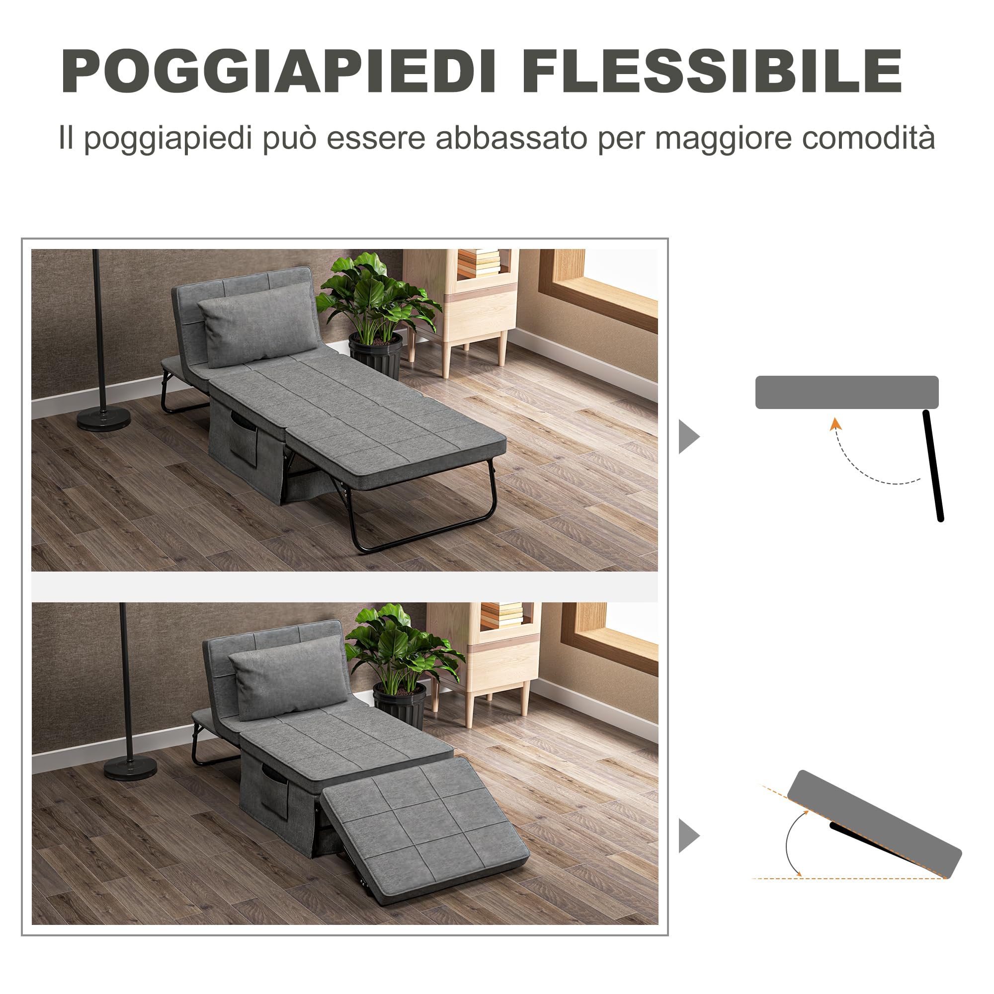 HOMCOM Pouf Letto Pieghevole Multiuso 4 in 1, Brandina Chaise Longue Salvaspazio con Schienale Reclinabile a 5 Livelli, Grigio