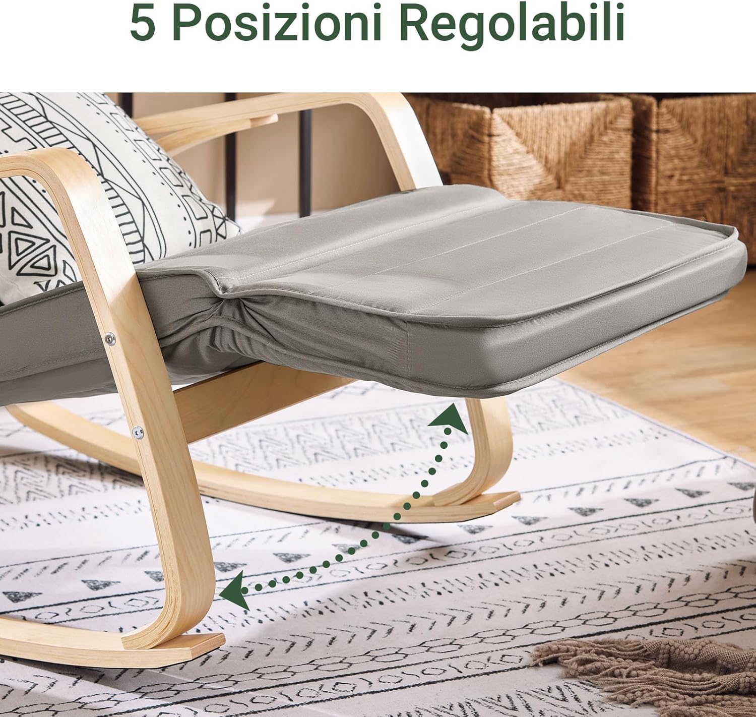 Diagram showing the dimensions of the SoBuy FST16-DG rocking chair: 90cm height, 78cm base length, 65cm backrest width, 56cm seat width, 53cm seat height, 138cm total length when reclined, and adjustable footrest height from 11cm to 40cm.