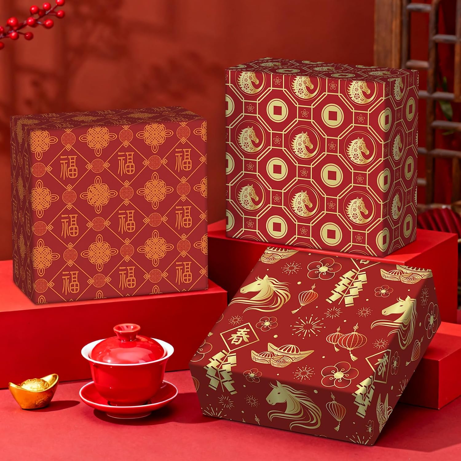 Chinese New Year Wrapping Paper, 6 Unique Designs Horse Theme - 6 Large Sheets (27x20 inch), Premium Red & Gold Paper for 2026 Year of the Horse, Lunar New Year Gifts image 4