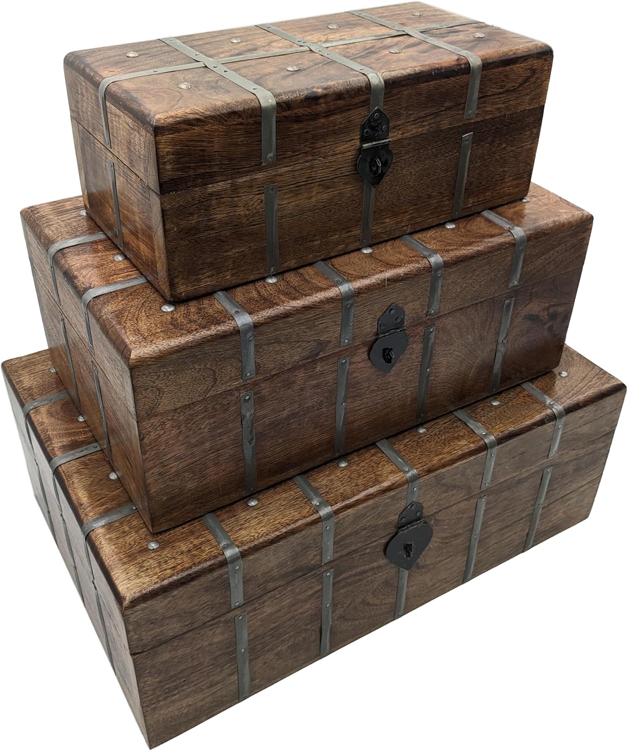 SciencePurchase Set of 3 Nesting Wooden Pirate Treasure Chests (Small, Medium, and Large), Hinged Storage Boxes Decorated with Grey Metal Accents, Black Hasps for Locks