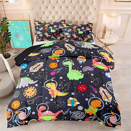 Vista 12 de Lindo juego de ropa de cama de dinosaurios de dibujos animados, ultra suave, juego de edredón tamaño matrimonial para niños, bonito edredón