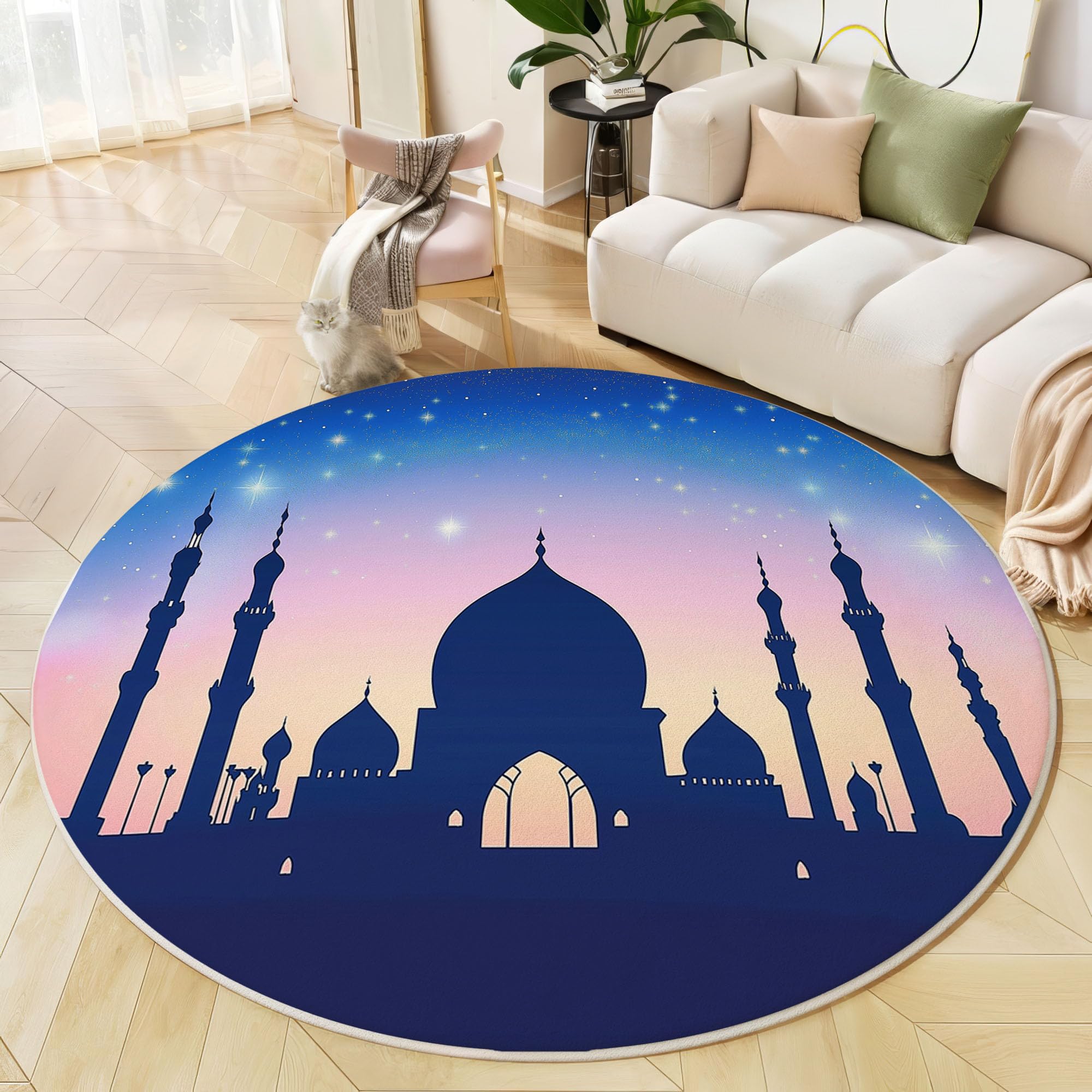 Tapis rond ciel étoilé bleu royal 120 cm lavable pour salon et chambre