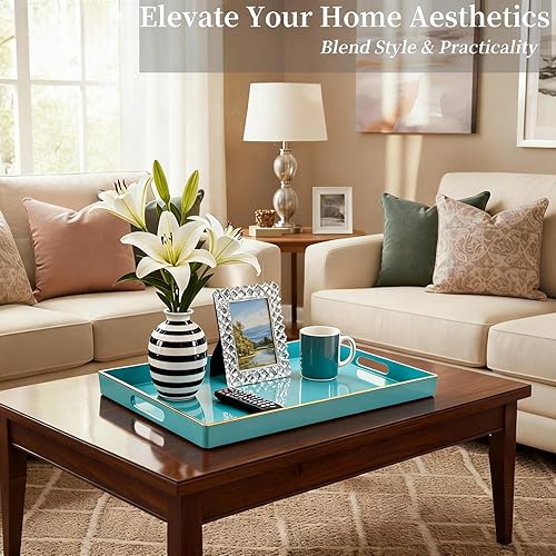 Miniatura 3 de Zosenley - Bandeja decorativa de plástico con asas, organizador moderno de tocador para baño, cocina, otomano y mesa de café (Azul, Rectangular)