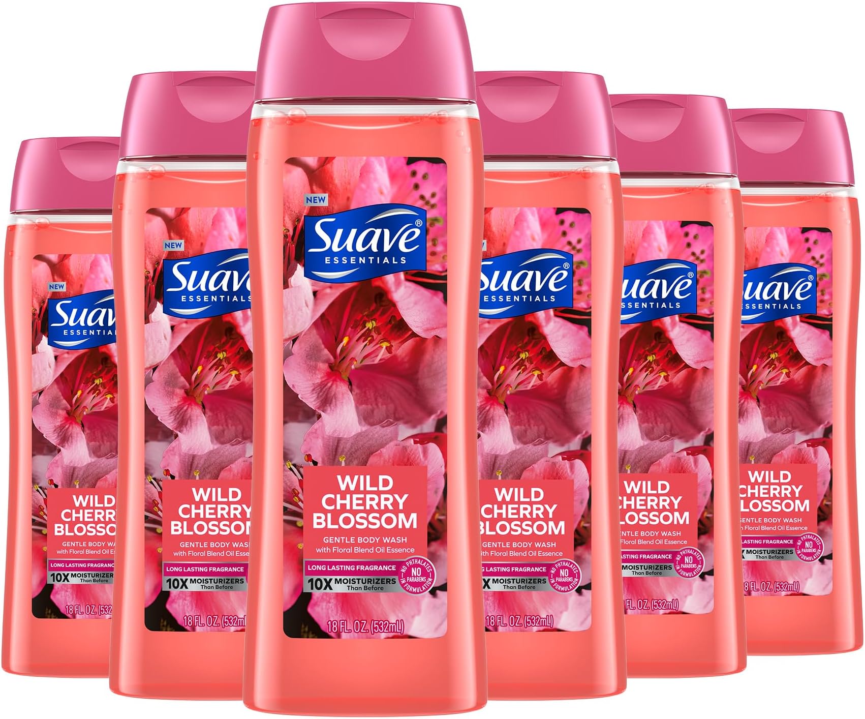 Suave Moisturizing Body Wash, with Wild Cherry Blossom and Vitamin E Extract, No Parabens, No Phtahaltes, 18 Oz Pack of 6