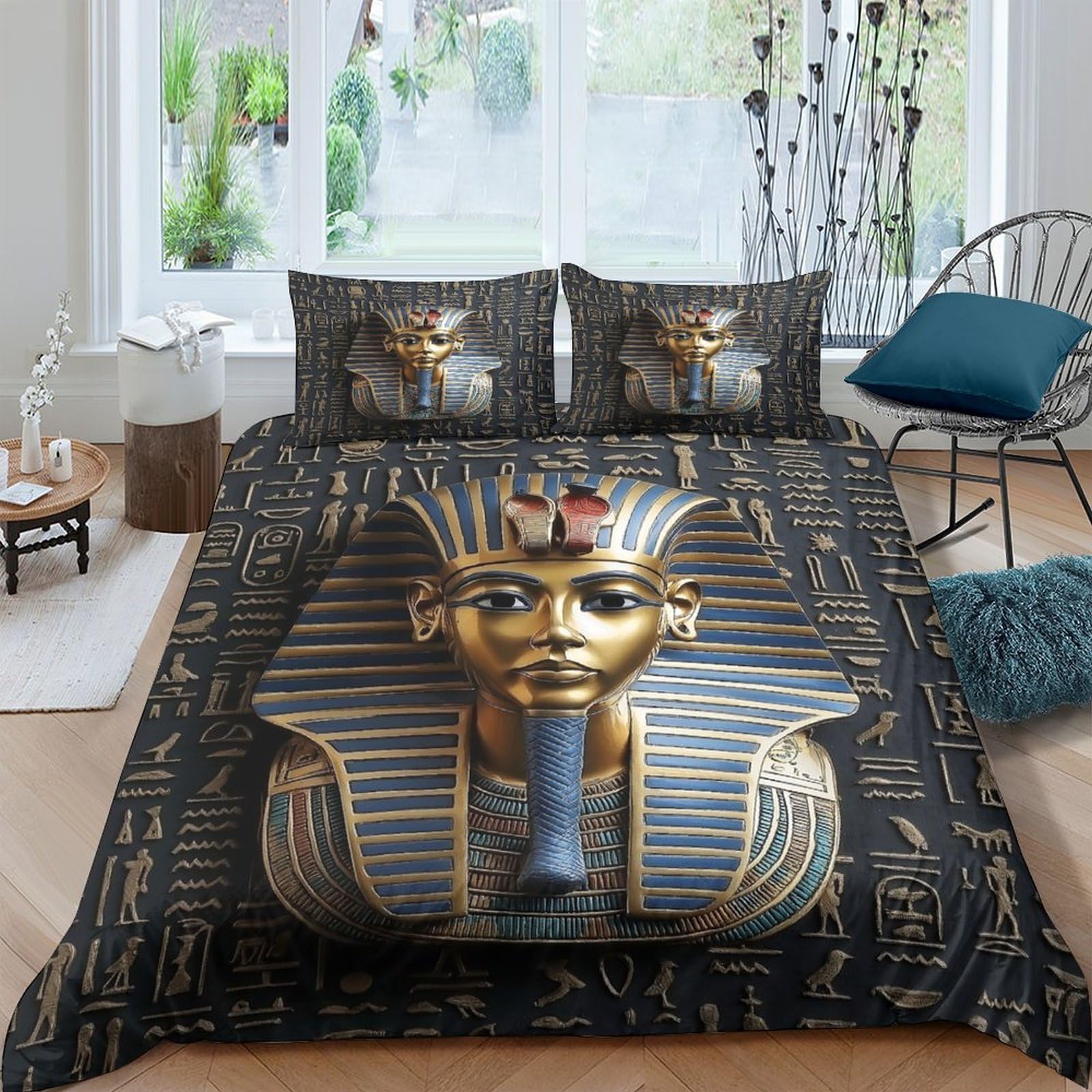 Ctjqhvkz Style-1 3D Printed Pharaoh Gold Mask Fitted Sheet Microfiber Soft Black Egyptian Bed Cover For Bedroom Dorm Decoration Single（135X200cm）