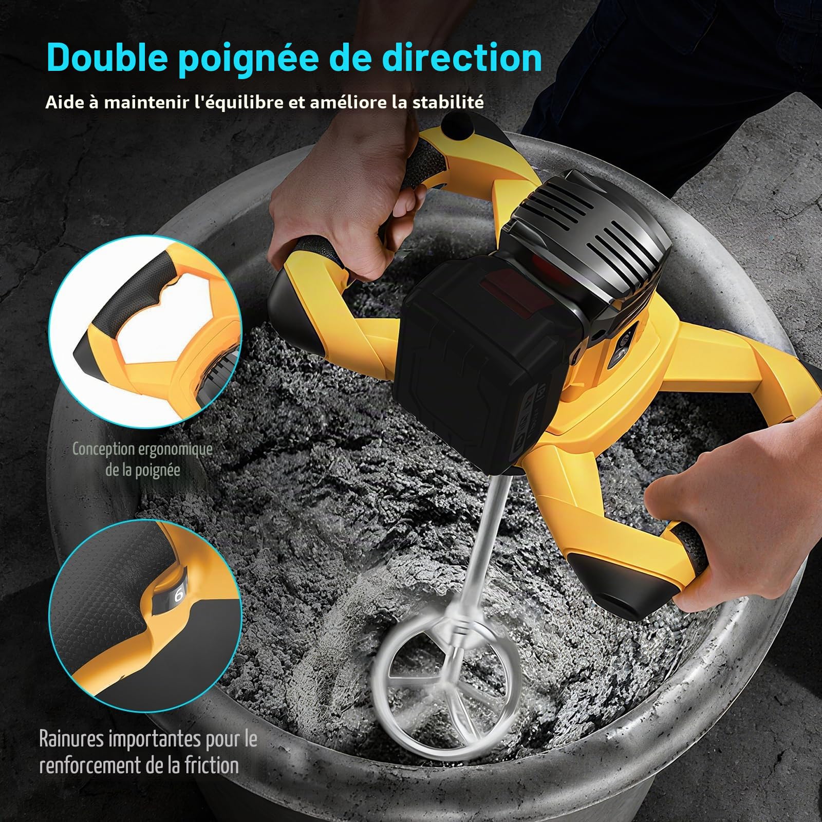 Mélangeur de mortier de couleur sans fil - Compatible avec batterie 20 V - Mélangeur de mortier professionnel sans balais - Avec 6 vitesses - Diamètre : 130 mm - Pour mélanger le plâtre, la colle