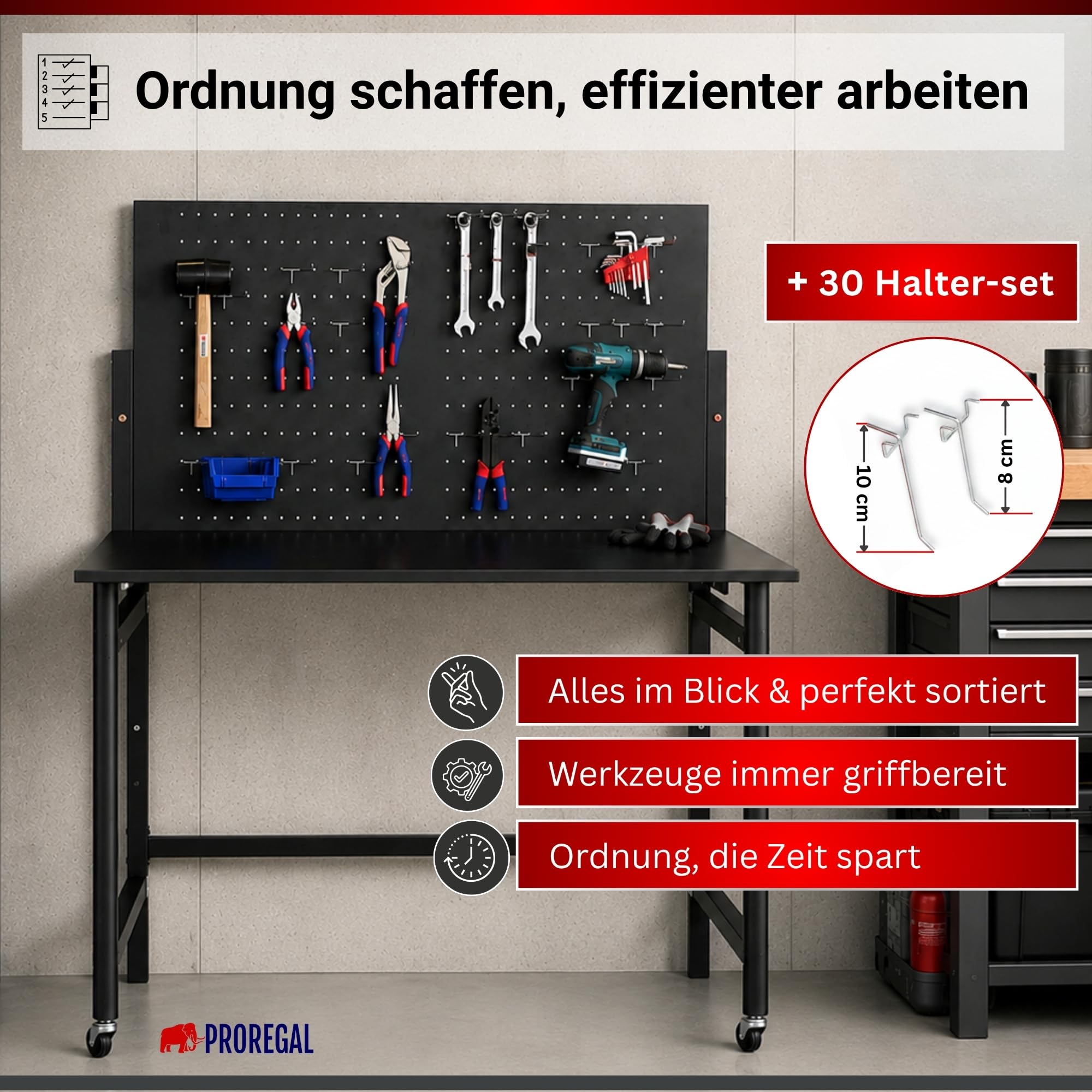 PROREGAL Werkbank klappbar für Wandmontage Titan mit Werkzeug Lochwand für Werkstatt 144x115x63cm Fachlast 55kg inkl. 30-teiligem Hakenset Schwarz Werktisch für Enge Räume mit Lochplatte Werkzeugwand