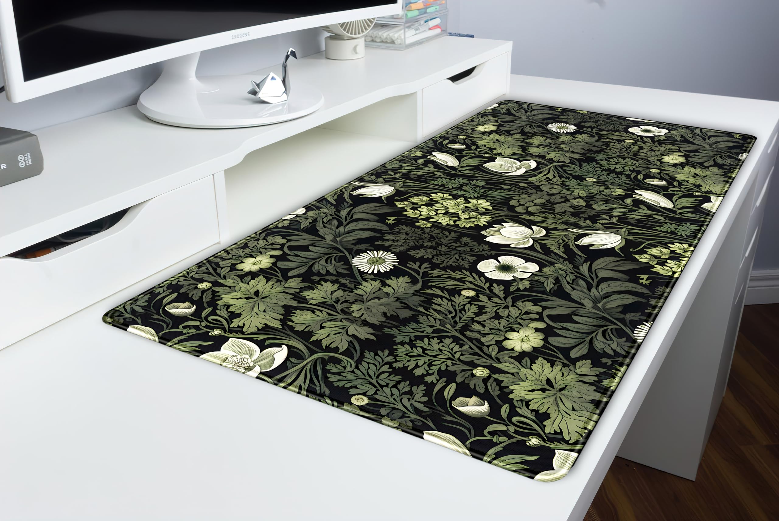 Tappetino Per Mouse Da Scrivania XXL 80x30 Cm - Motivo Floreale Verde Su Nero - Base In Gomma Antiscivolo, Bordi Cuciti, Per Casa E Ufficio