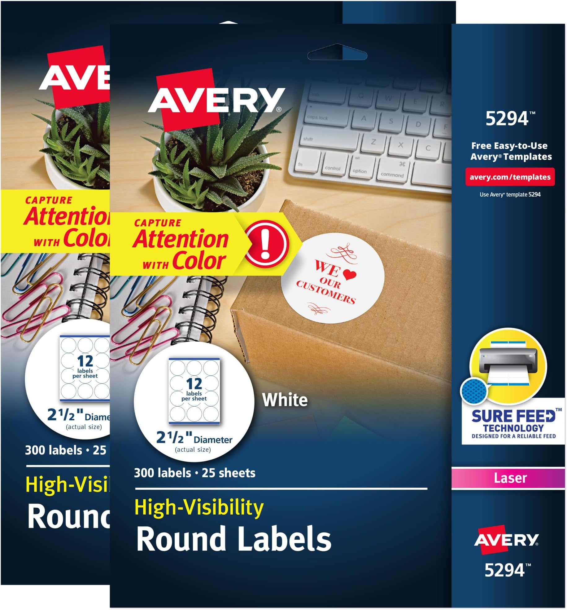 high visibility printable round labels with sure feed, 2.5 diameter, white, 300 per pack, 2 packs, 600 customizable blank labels total (45294)