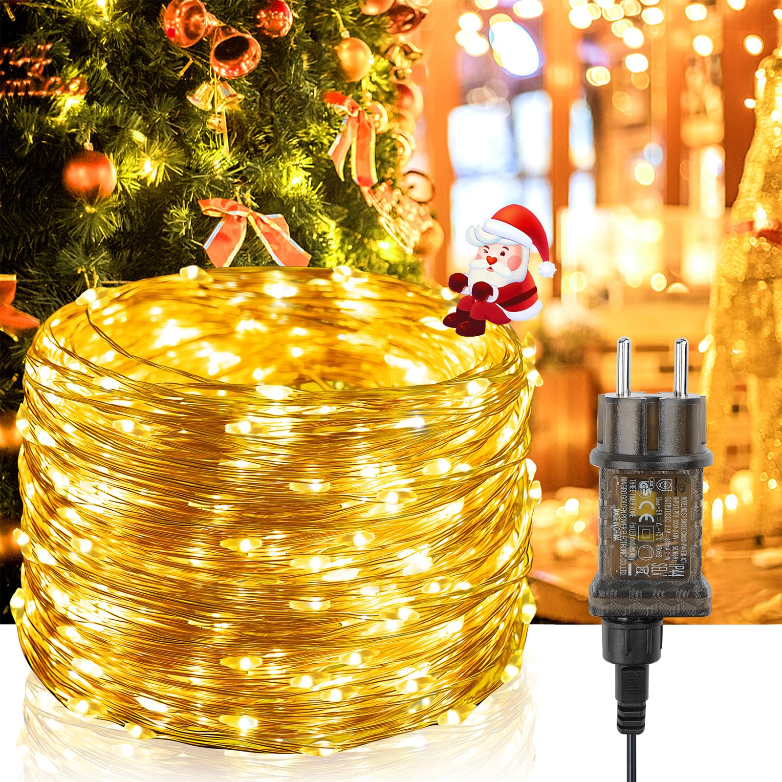 Guirnalda Luces 20M 200 LEDs, Cadena de Luces 8 Modes y Luz ajustable con Enchufe, Luces Navidad Impermeable IP65 para Navidad, Habitacion, Fiesta, Jardín, Bodas, Compleaños, Balcón - Blanco Cálido