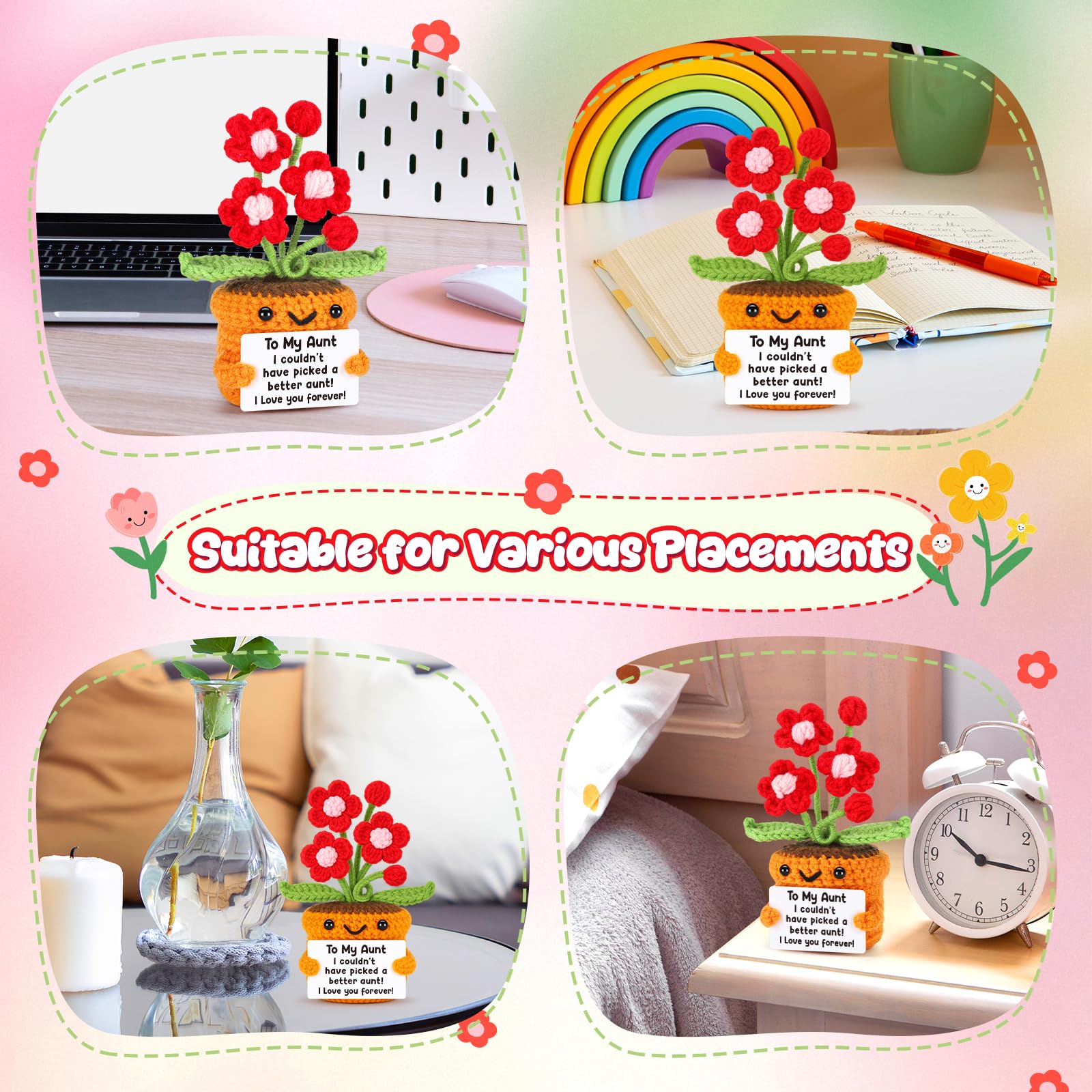 Agantree art Aunt Auntie Birthday Gifts from Niece Nephew, Best Auntie Ever Cool Aunt Club Gifts Christmas Handmade Crochet Flower I Love You Home Desk Decoration Positive Present
