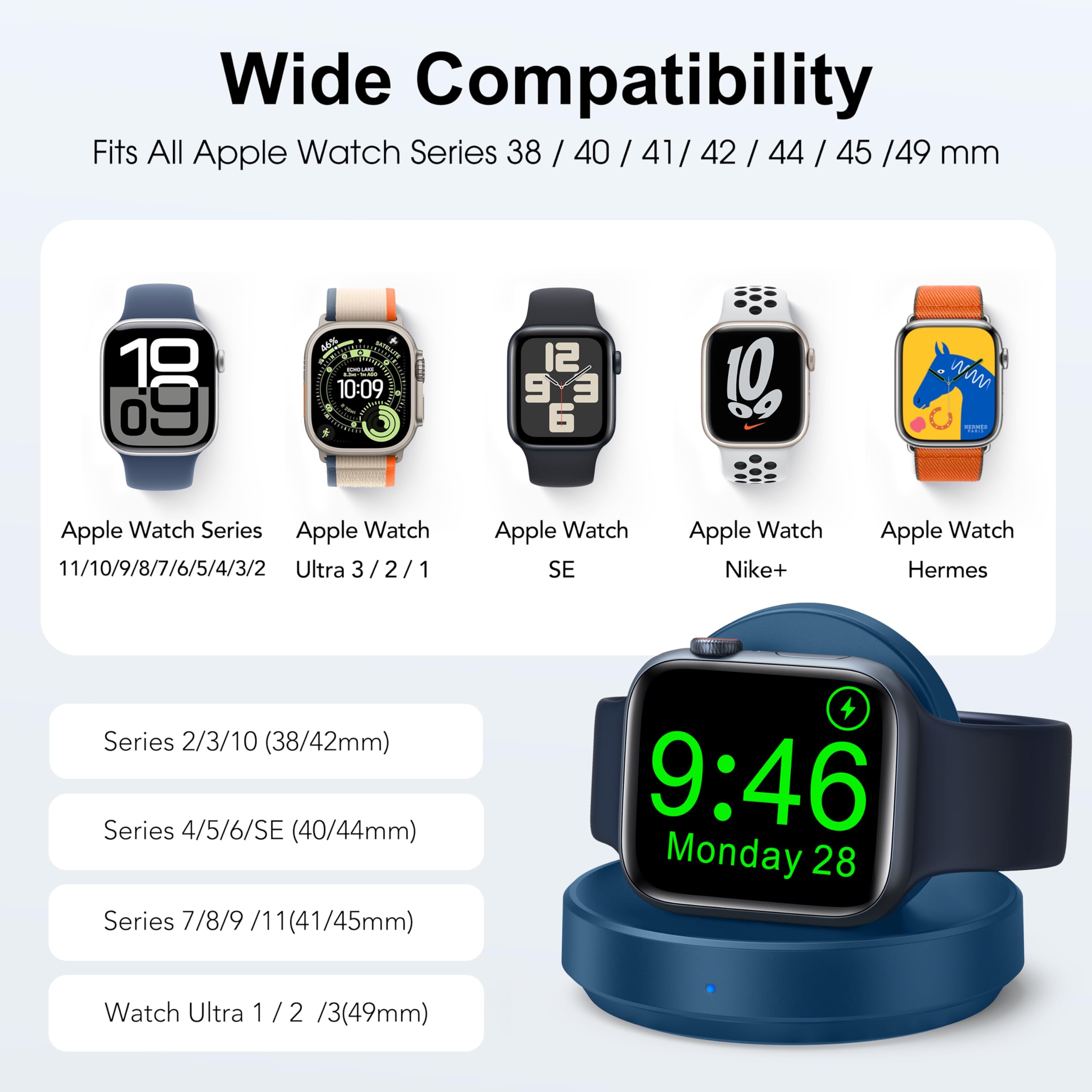 ZAPOGO Przenośna magnetyczna stacja ładująca do zegarka Apple Watch, bezprzewodowa szybka ładowarka stojak z kablem do ładowania, uchwyt na stolik nocny, kompatybilny z Apple Watch 10 9 8 7 SE 6 5