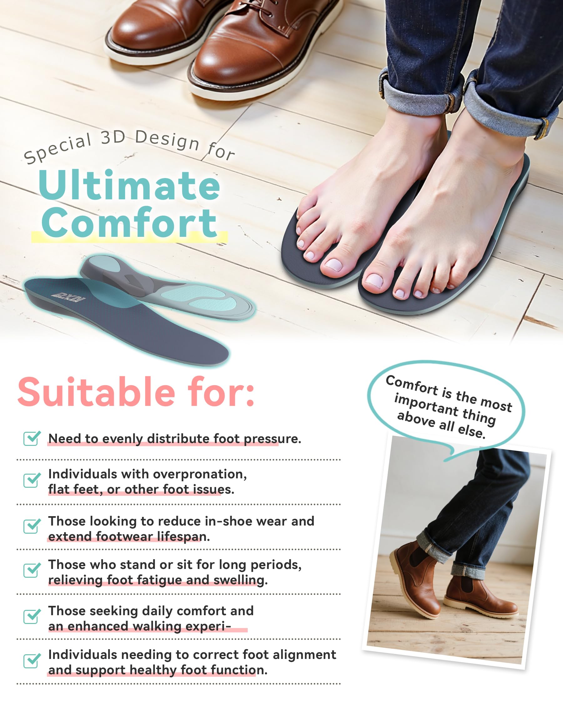 Solette Per Supinazione, DynWalker Solette Ammortizzanti, Fodera Doppio Gel Per Migliorare L'Ammortizzazione E La Resistenza Allo Scivolamento, Adatta Per Uomo E Donna,L