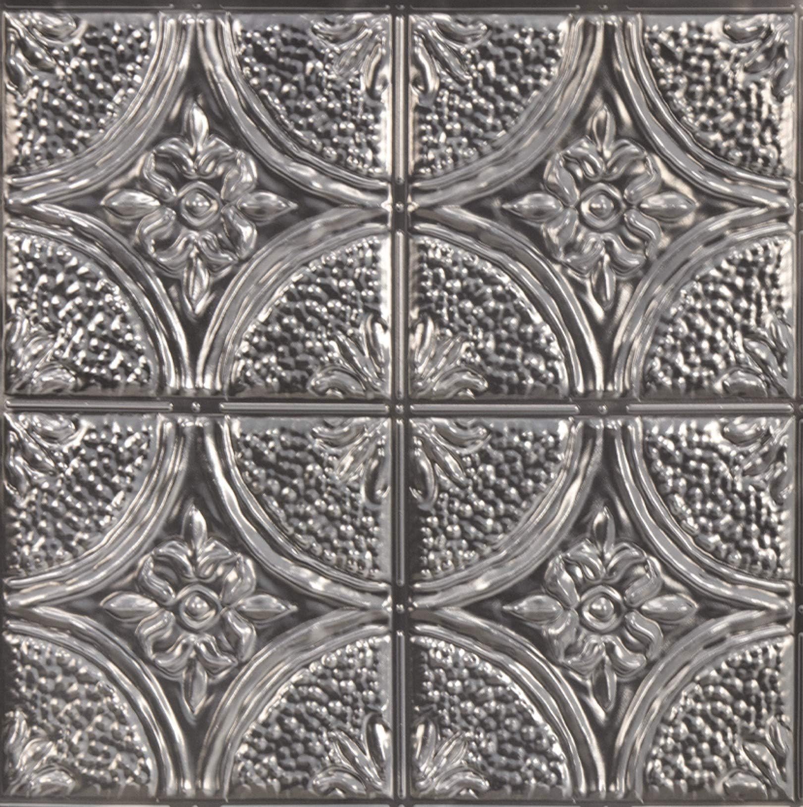 InHome Camden Antique Silver Faux Tin Peel and Stick Backsplash Tiles, Metallic, 10 inch x 10 inch, 4 Panels