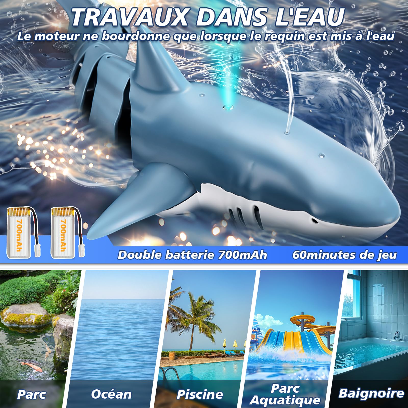 YOOHBERRYS Requin Telecommandé, 2.4 GHz Jouet Requin Télécommandé, Bateau Requin RC avec Lumières et Jets d'eau, Jouet Piscine Cadeau pour 6+ Ans Garçon Fille (Bleu)