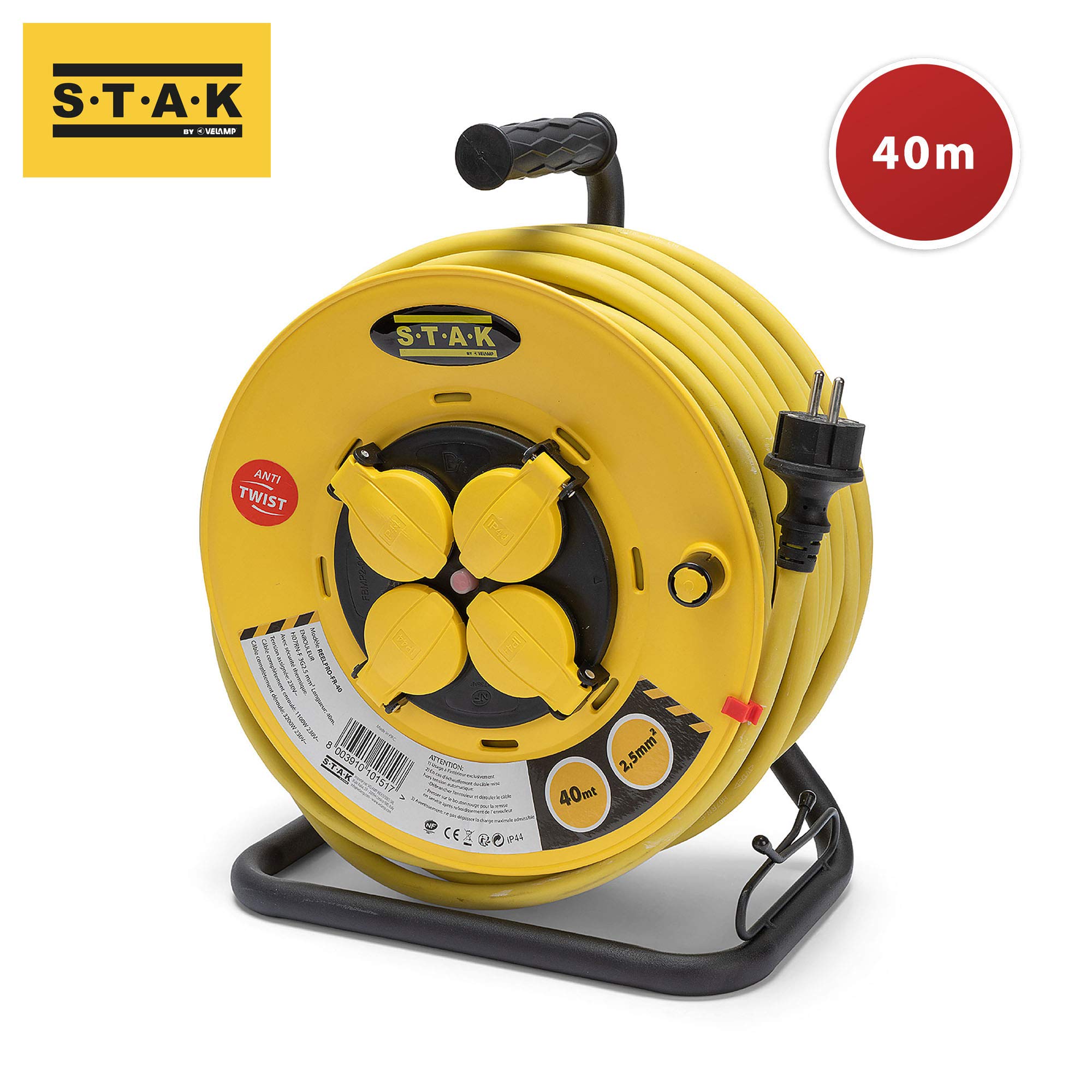 Stak REELPRO-FR-40- Enrouleur Rallonge Électrique 40M, Rallonge Prolongateur Multiprise avec 4 Prises IP44(2P+T) 16A et Câble 3G2.5mm² Waterproof en Néoprène - Bricolage, Chantier, Jardin, Acier/Jaune