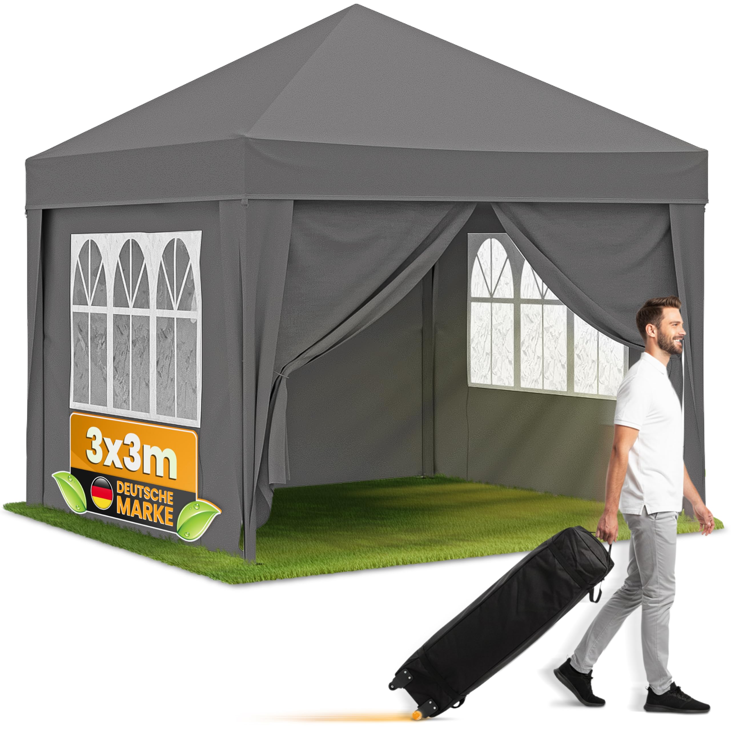 NATURIZ® Pavillon 3x3 Wasserdicht Stabil Hochwertig mit UV 50+ Schutz - Faltpavillon mit Seitenwänden - Pop Up Zelt für Garten, Camping, Märkte - Gartenpavillon (Grau, 3x3m)