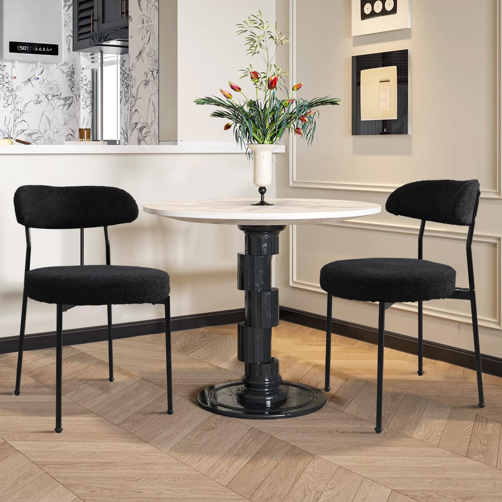SOARMOTE Black Boucle Dining Chairs Set of 2,Upholstered Kitchen Chairs with Curved Backrest,Mid-Century Modern Round Dining Room Chairs with Black