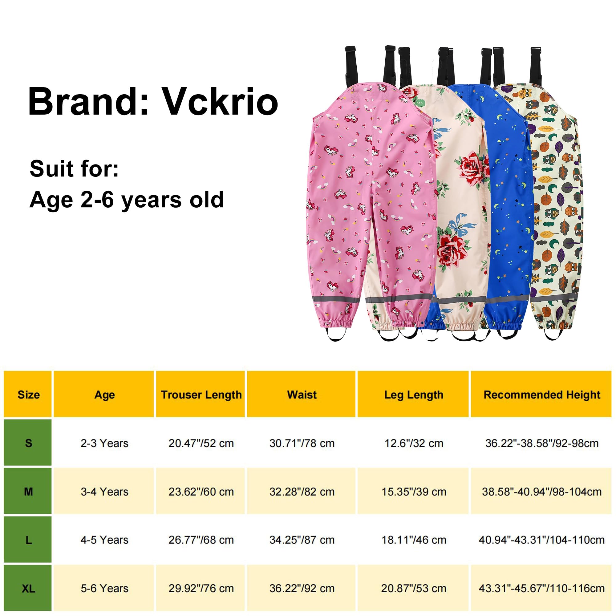 Pantalones Impermeable Niños Niñas Pantalón de Lluvia Viento Reflectantes Pantalones de Barro Estampado Animales Finos Transpirable Peto Mono Impermeables con Tirantes Nieve Agua para 2-6 Años