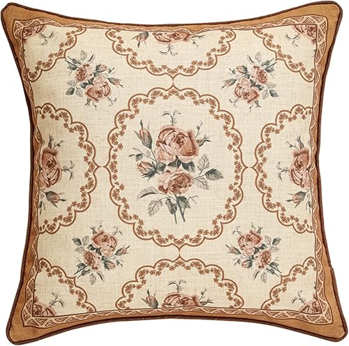 patdrea Fundas de almohada de diseño floral vintage para sofá, fundas de almohada de lino marrón amarillo con patrón de pájaro y rosa, cojín