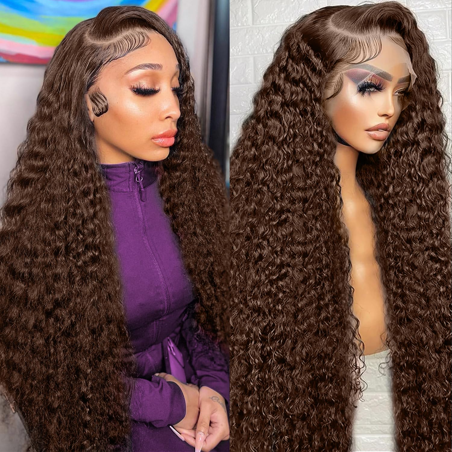 30 Inch 200 Density Chocolate Brown Lace Front Wig Human Hair 13x6 Deep Wave Lace Front Wigs Human Hair Pre Plucked HD Lace Frontal Curly Glueless Wigs Human Hair Colored Brown Wavy Wig Human Hair