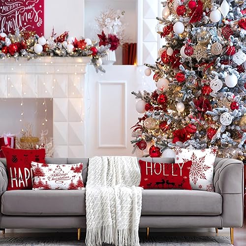 Miniatura 6 de Artmag Juego de 4 fundas de almohada de Navidad de 12 x 20 pulgadas, decoración de casa de campo de Navidad, feliz vacaciones, diseño de copos de