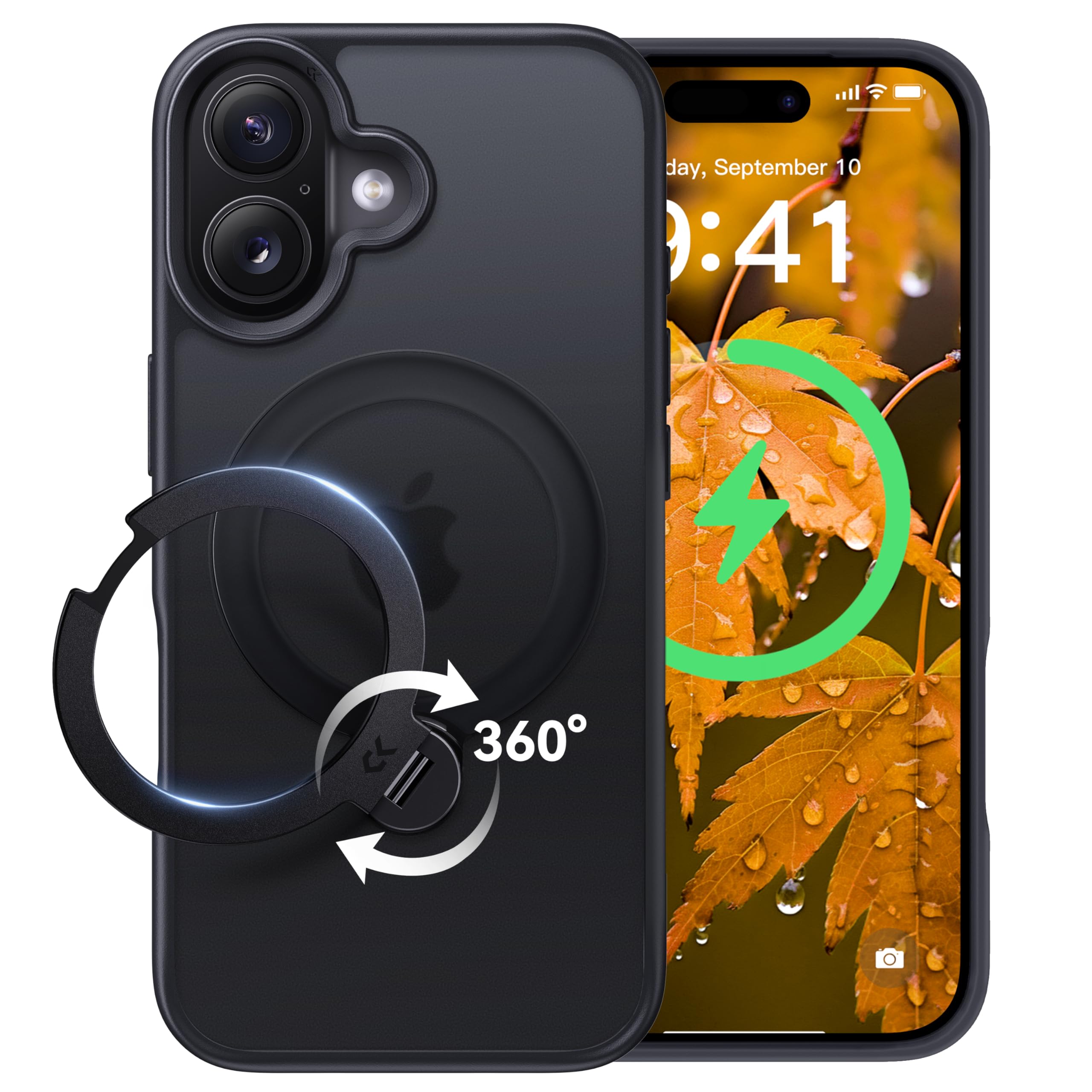 【2026最高傑作&定点360度回転】CASEKOO iPhone 16 用 ケース 米軍MIL規格 耐衝撃 MagSafe対応 高耐久性【横縦両立・角度自由調整】 最大25W急速充電対応 指紋防止/マット仕上げ/黄変防止/半透明 超強磁力 ラップホール付き ワイヤレス充電対応 アイフォン16 用ケース 6.1インチ「MagicStand Pro」(ブラック)