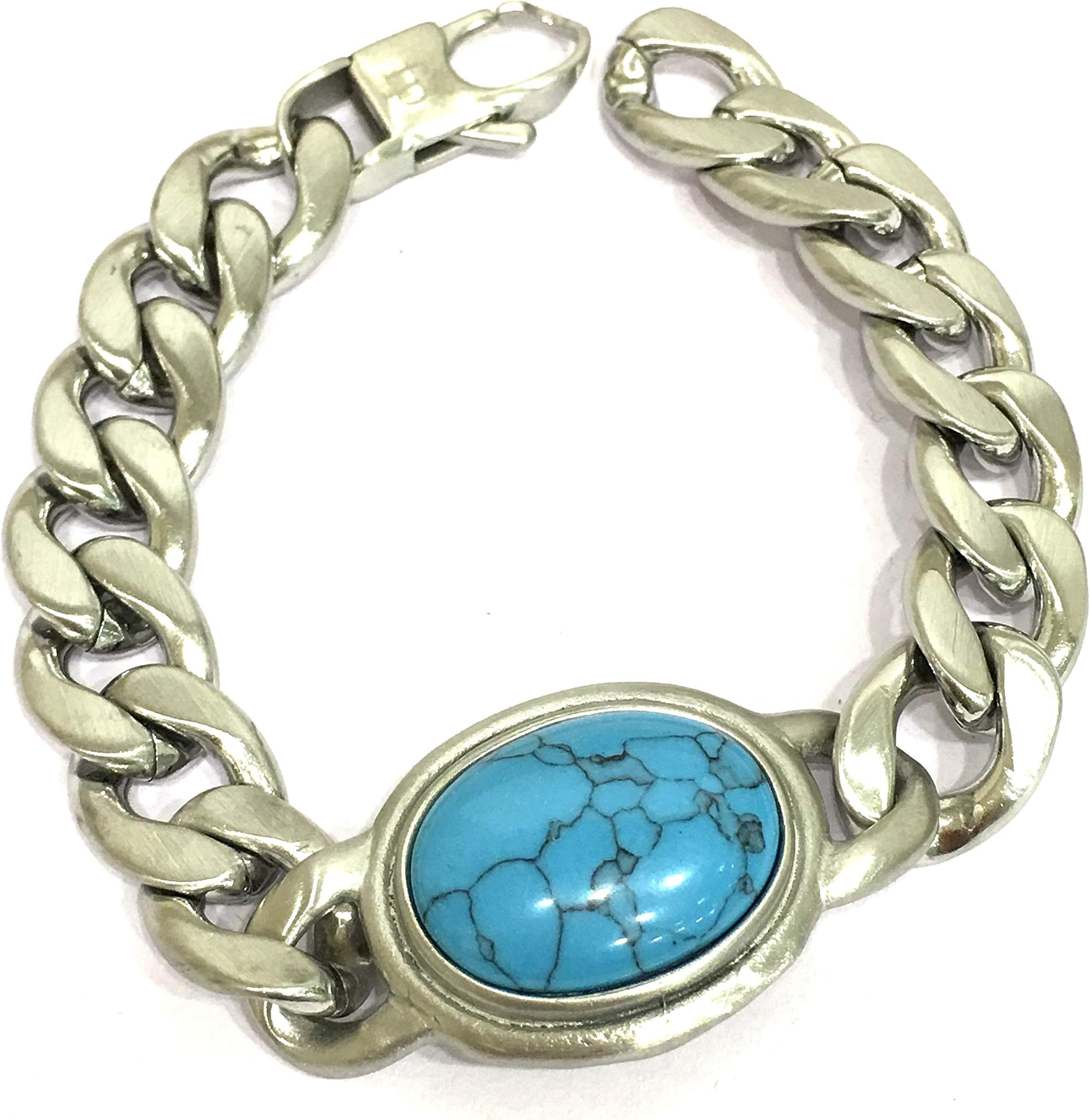 Digital Dress Room Salman Khan Bracelet Men Bracelet Accessories Stainless Steel Chain with Oval Semi Precious Turcoise Gemstone Loose Fit Unsex Boys Fashion Artifical Imitation Costume Jewellery