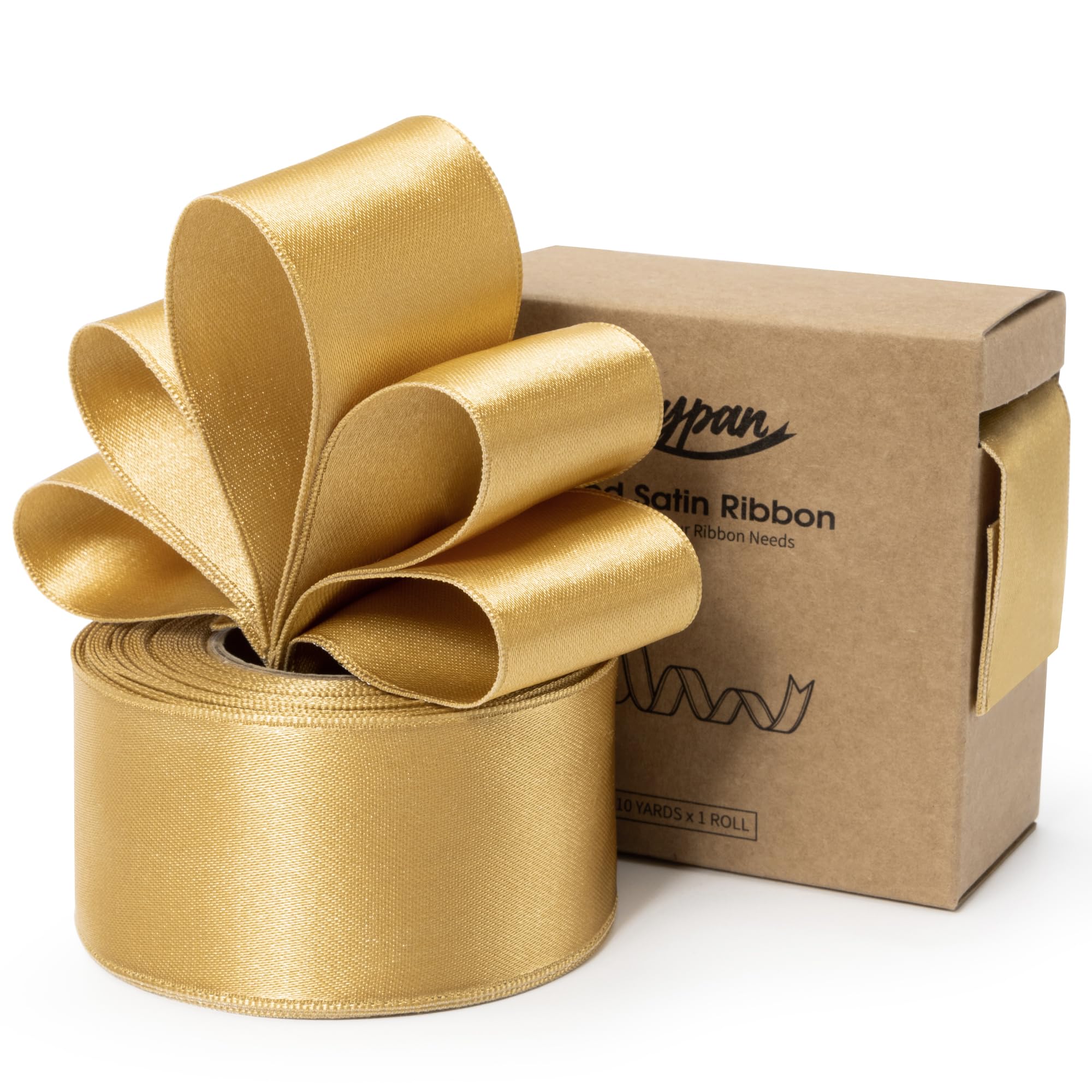 Keypan Gold Satin Ribbon Double-Faced Wired Ribbons for Gift Wrapping Flower Bouquet Bows Wedding Invitation Christmas Decor Crafts 1-1/2 Inch 10