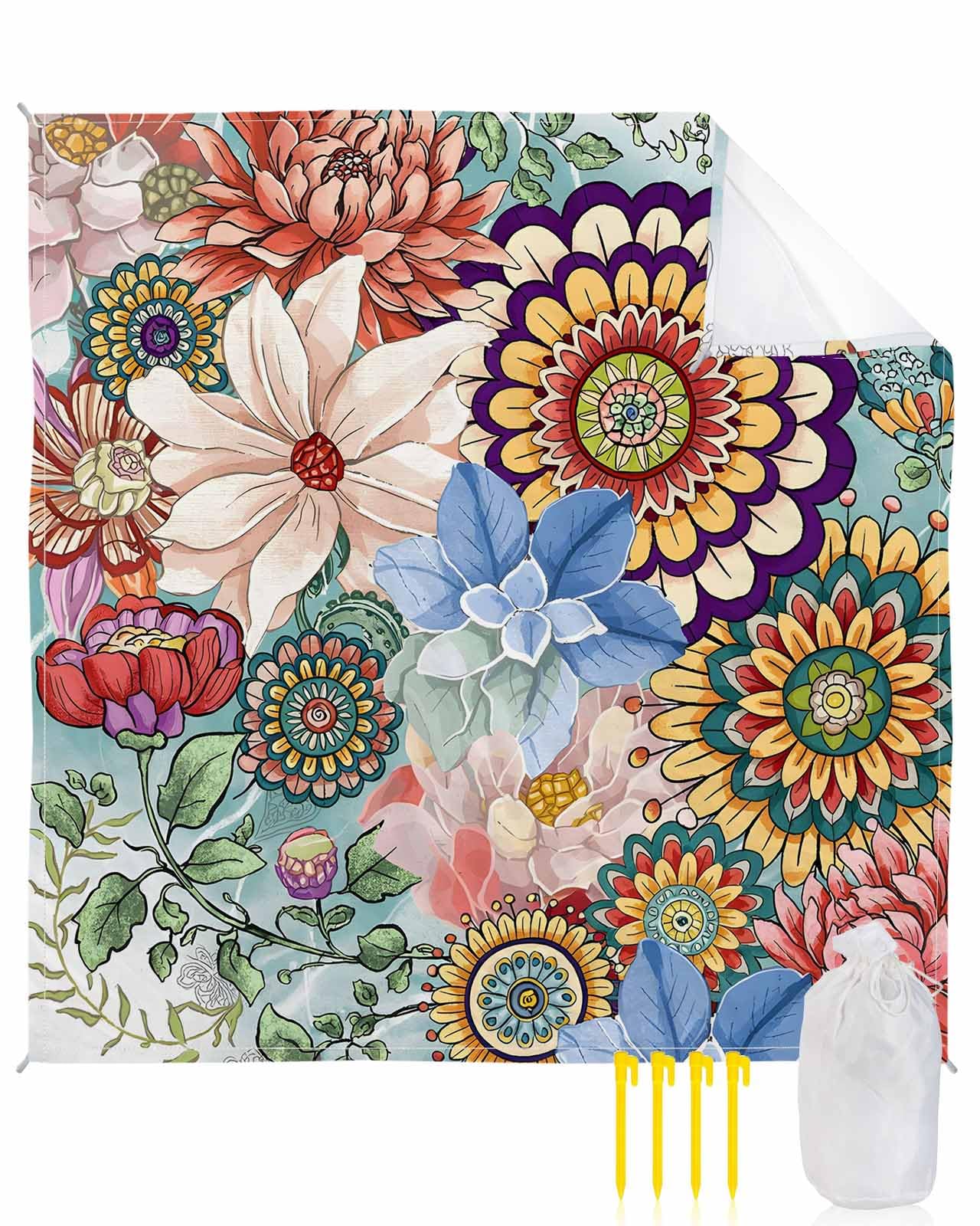 Beach Blanket Sandproof Waterproof Picnic Blankets Bohemian Blossom Floral Herb Extra Large Lightweight Outdoor Beach Mat with Corner Pockets for Travel/Camping/Hiking Vintage Flower Pattern