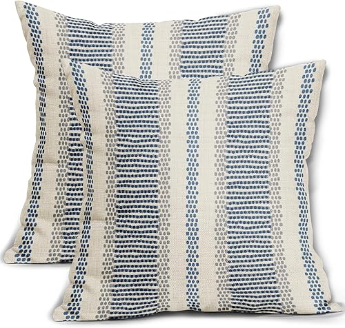 Aytipun Juego de 2 fundas de almohada azules de 18 x 18 pulgadas, estampado de puntos grises y grises, a rayas, decorativas, para exteriores, estilo