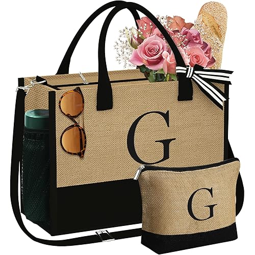 Gifts for Women - Initial Jute Tote Bag & Makeup Bag with Zipper Pockets Adjustable Strap, Birthday Gifts for Women